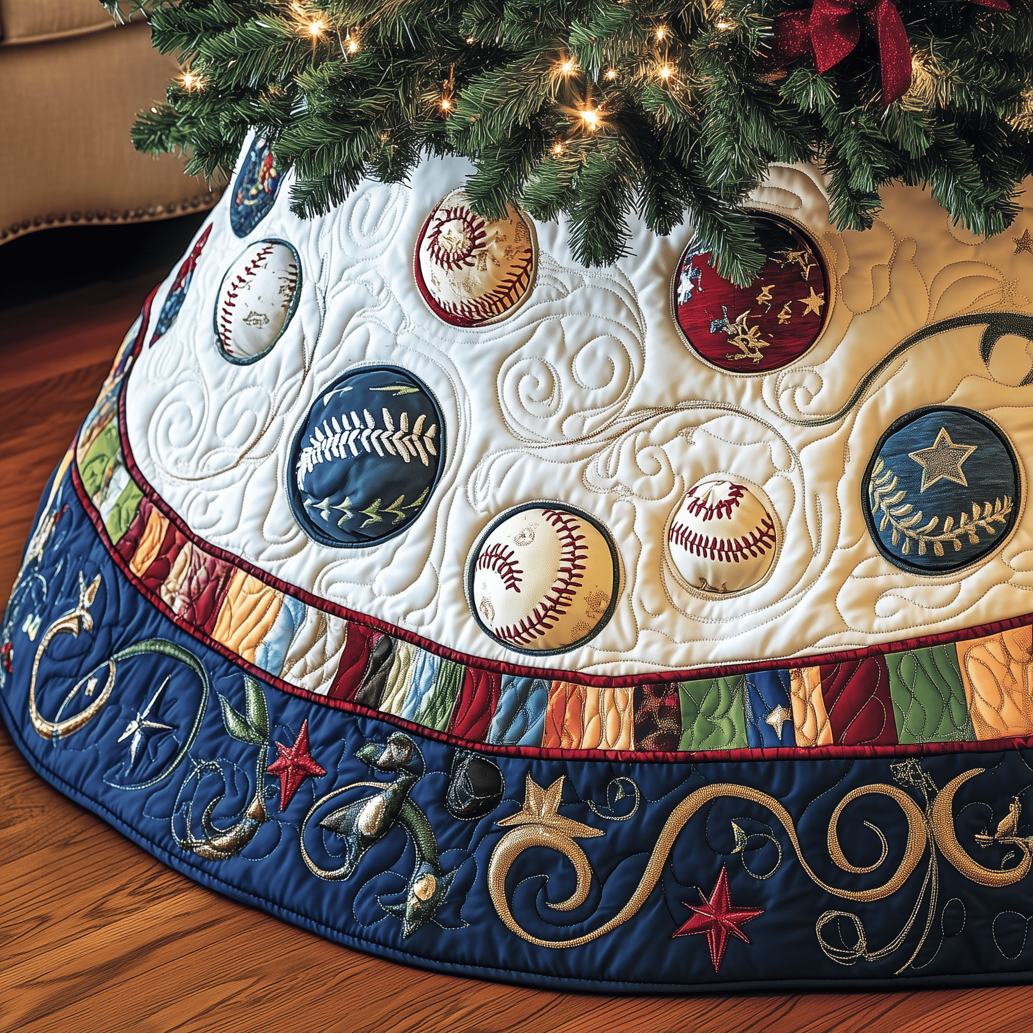 Baseball Ornament Quilted Tree Skirt Merch For Home And Bedroom