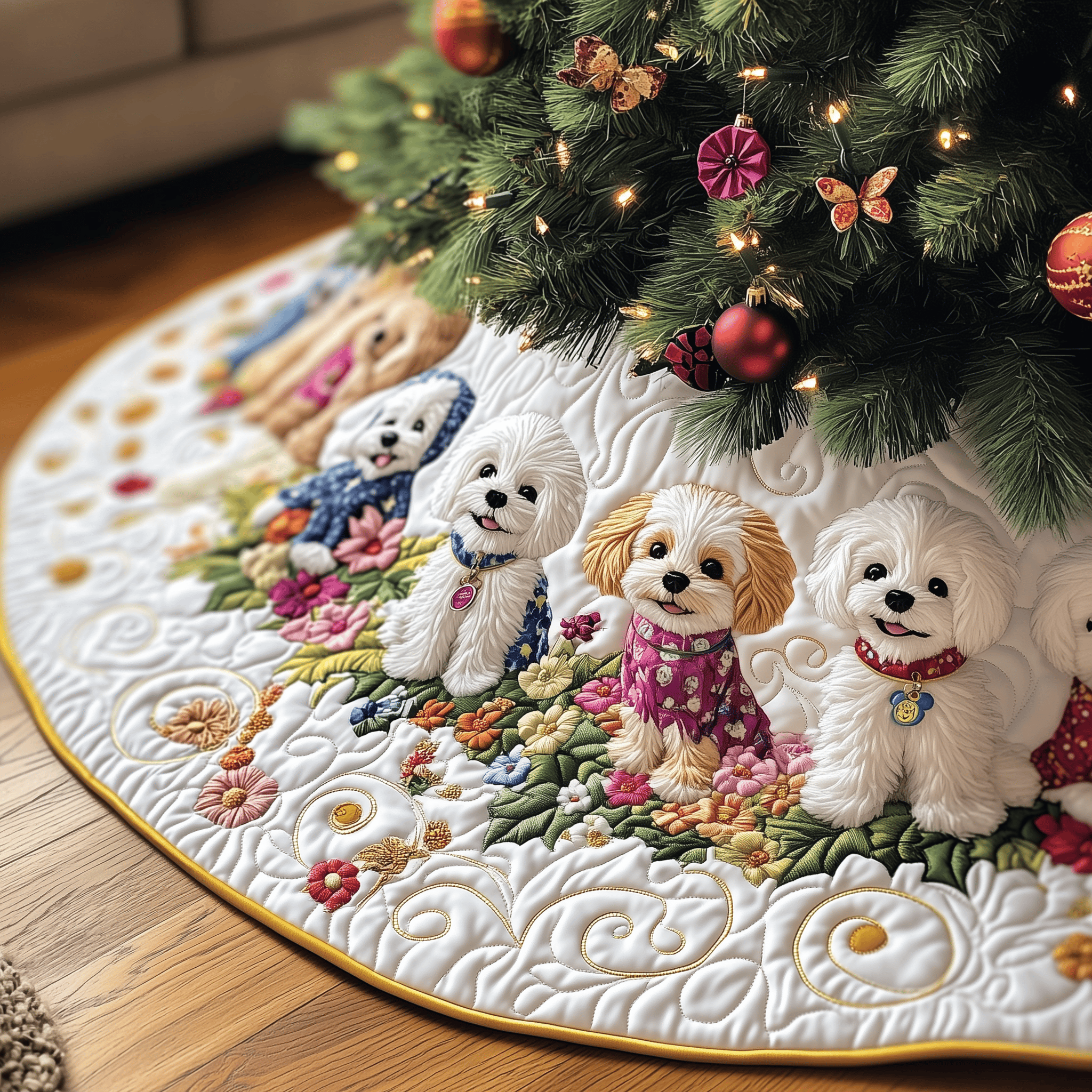 Adorable Bichon Frise Quilted Tree Skirt Halloween Merch Gift