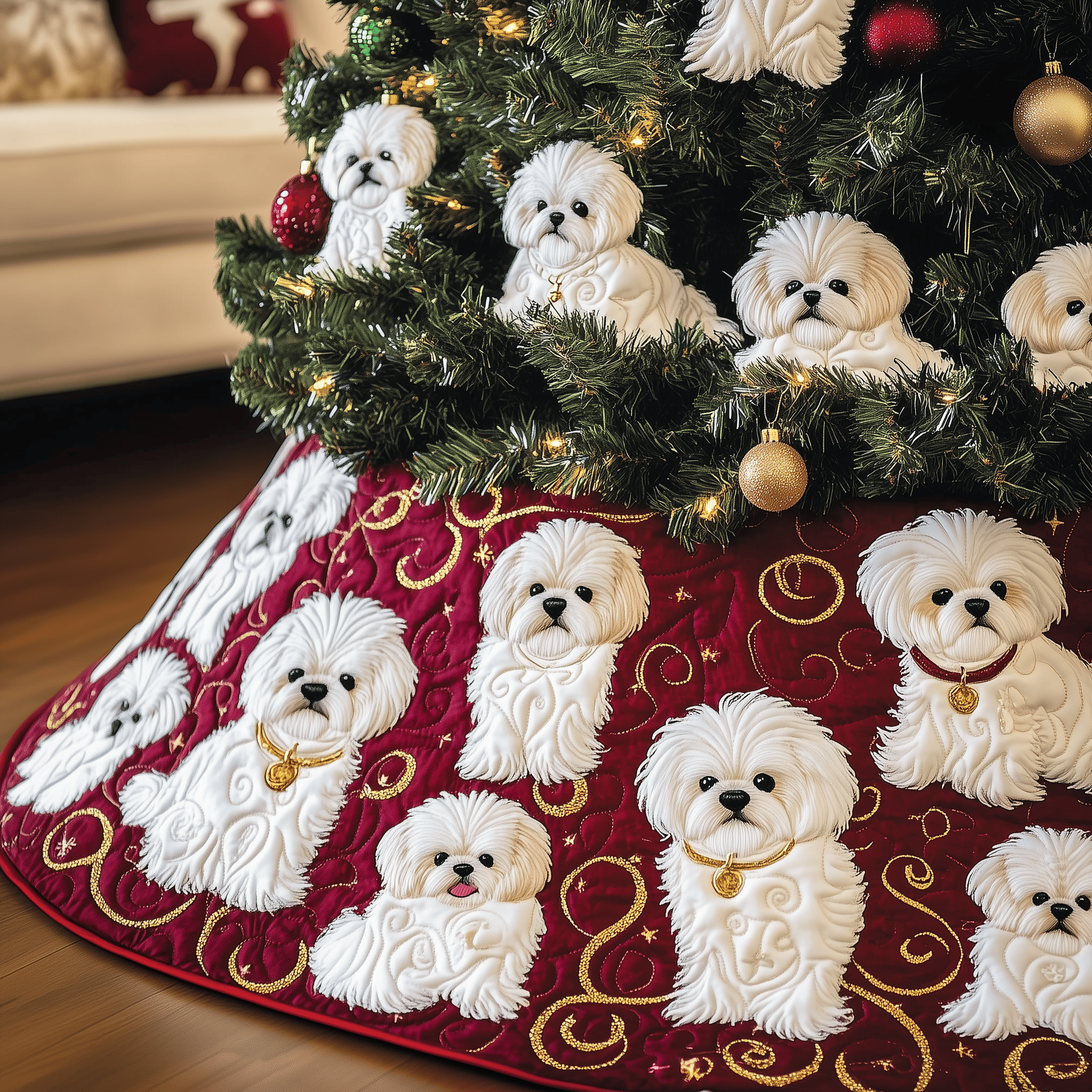 Christmas Bichon Frise Quilted Tree Skirt Warm Winter Home Merch