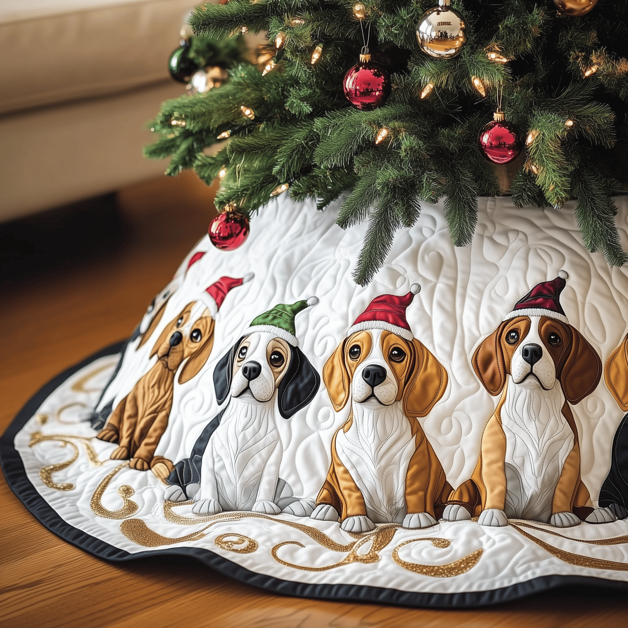 Christmas Beagle Quilted Tree Skirt Lovely Gift Merch For Couples
