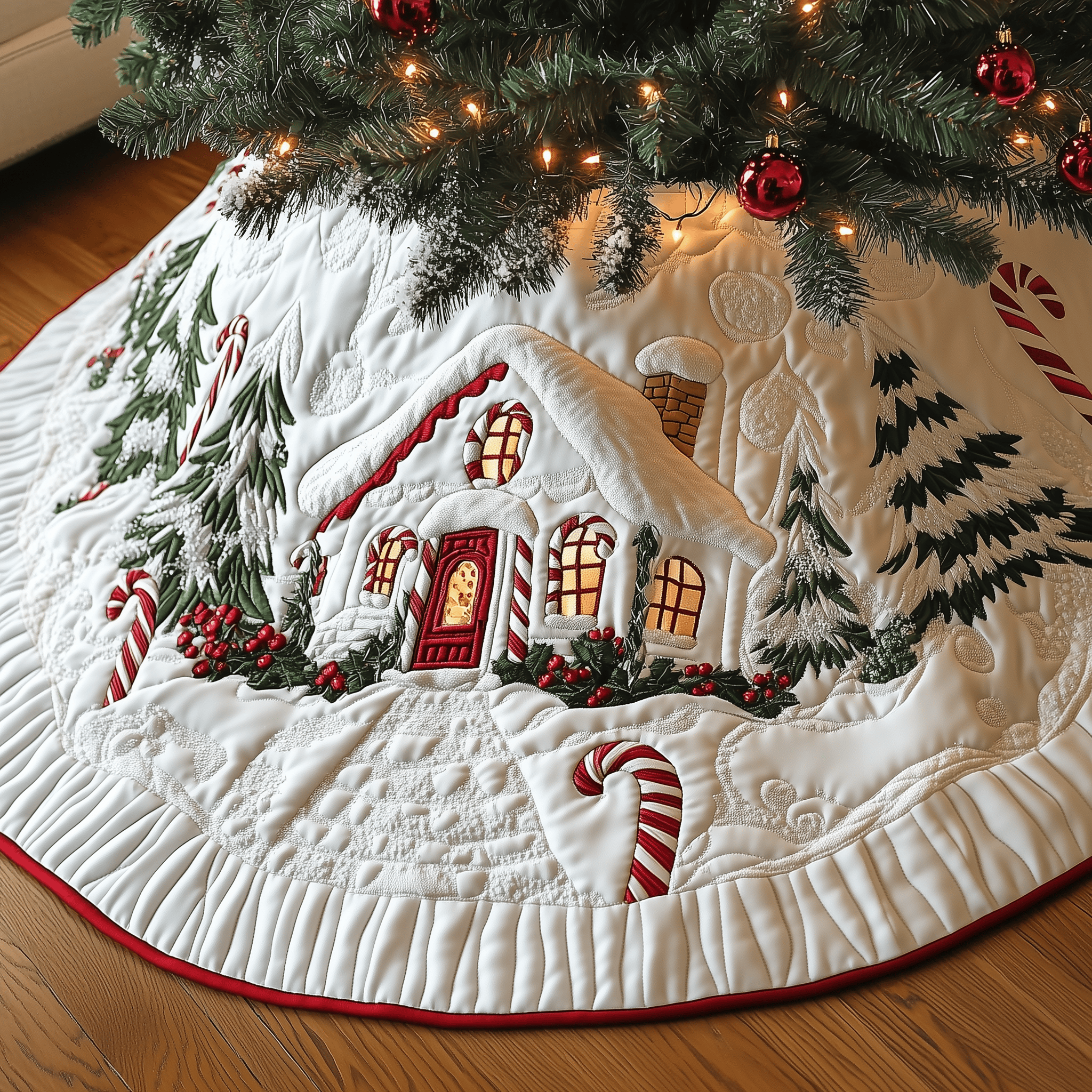 Candy Canes Whimsical House Quilted Tree Skirt Cozy Home Decor Gift Merch