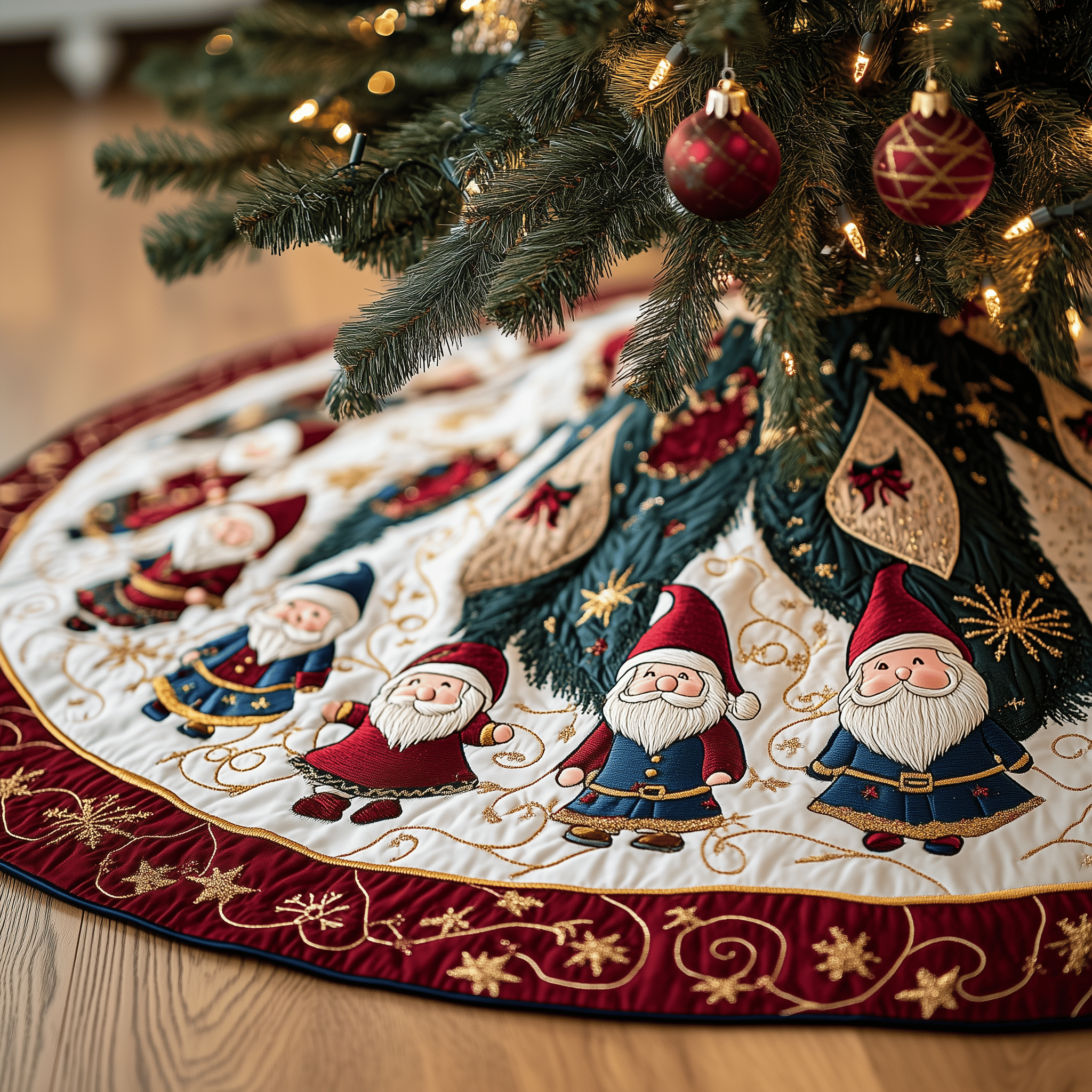 Cheerful Gnomes Quilted Tree Skirt Perfect Gift Merch For Her