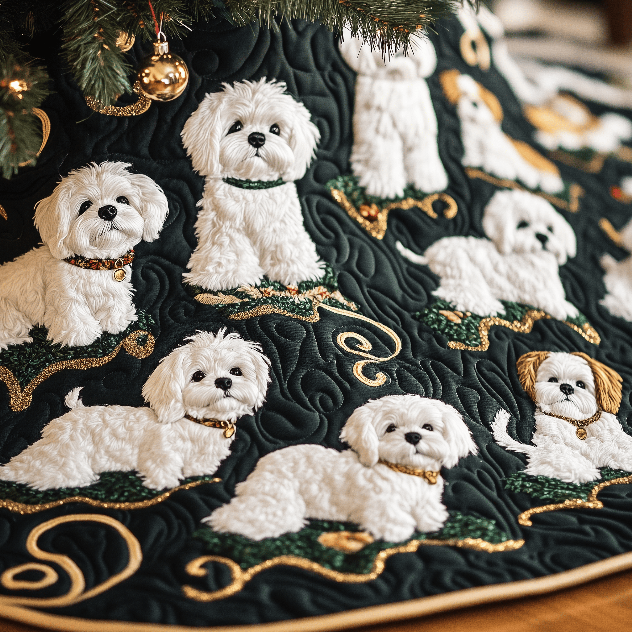 Christmas Bichon Frise Quilted Tree Skirt Birthday Merch Gift