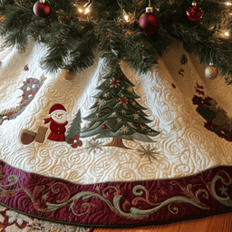 Burgundy Snowmen Quilted Tree Skirt Warm Gift Merch For Family