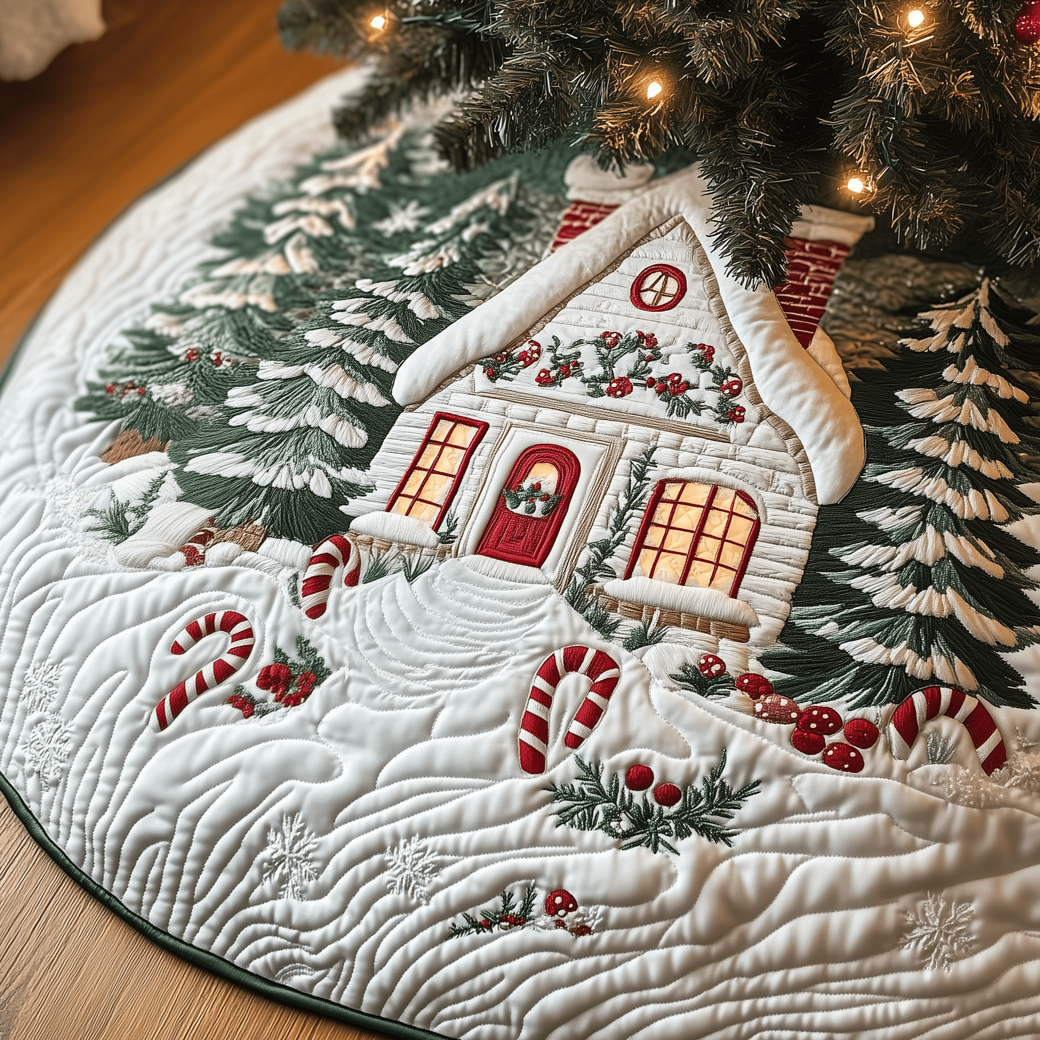 Candy Canes Whimsical House Quilted Tree Skirt Warm Winter Home Merch