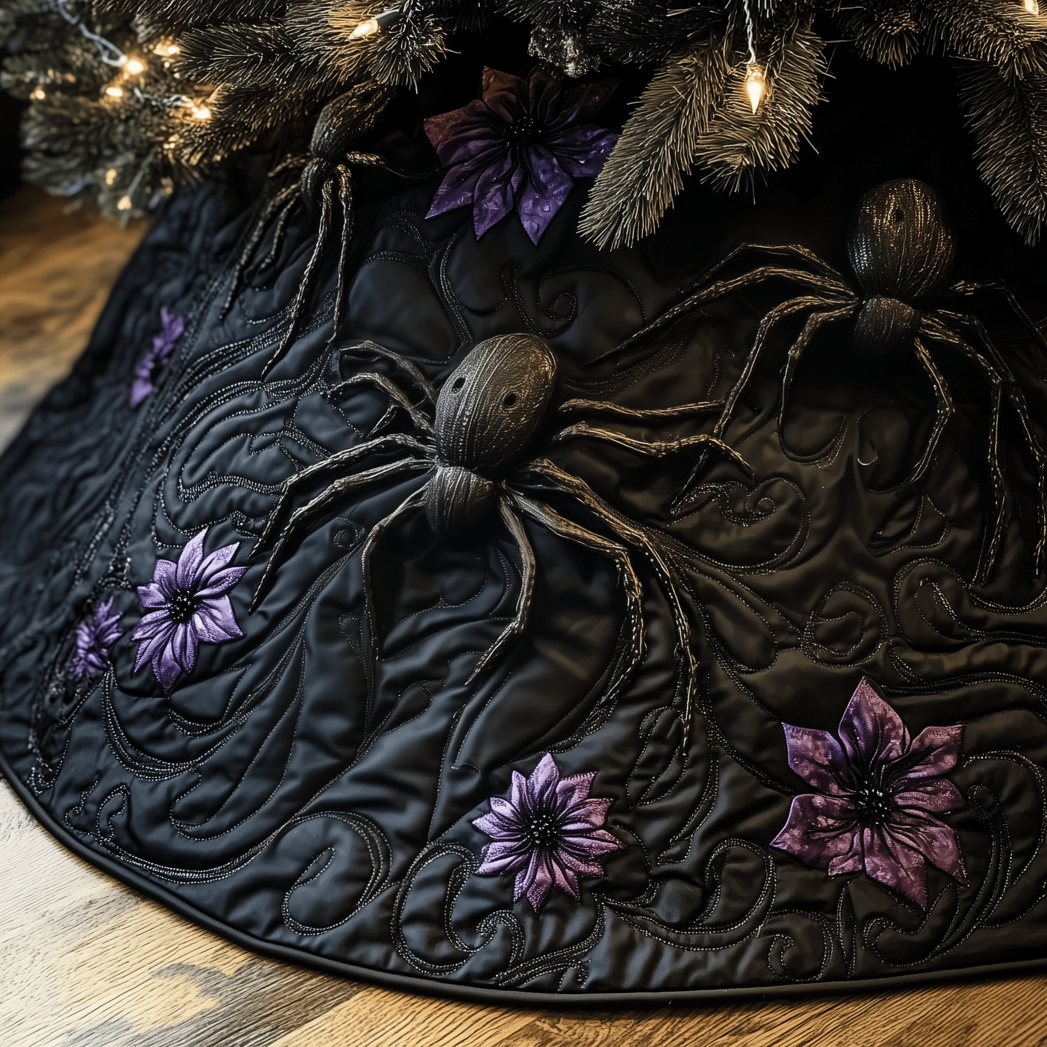 Christmas Black Spiders Quilted Tree Skirt Merch For Home And Bedroom