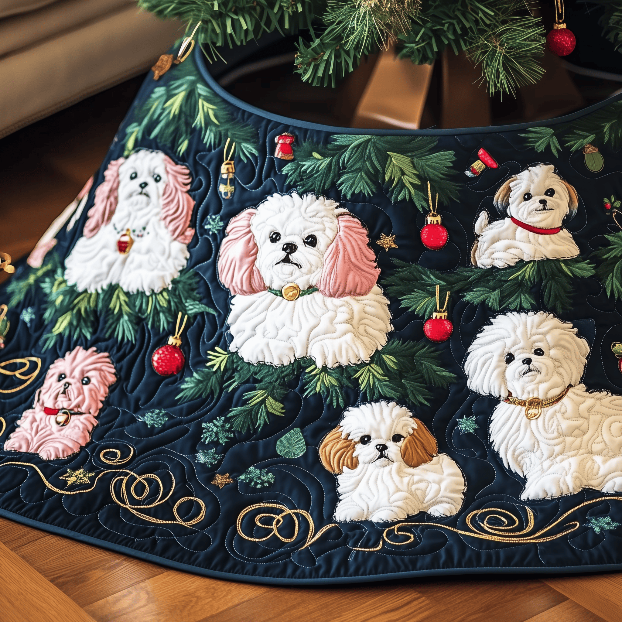 Christmas Bichon Frise Quilted Tree Skirt Joyful Home Merch Collection