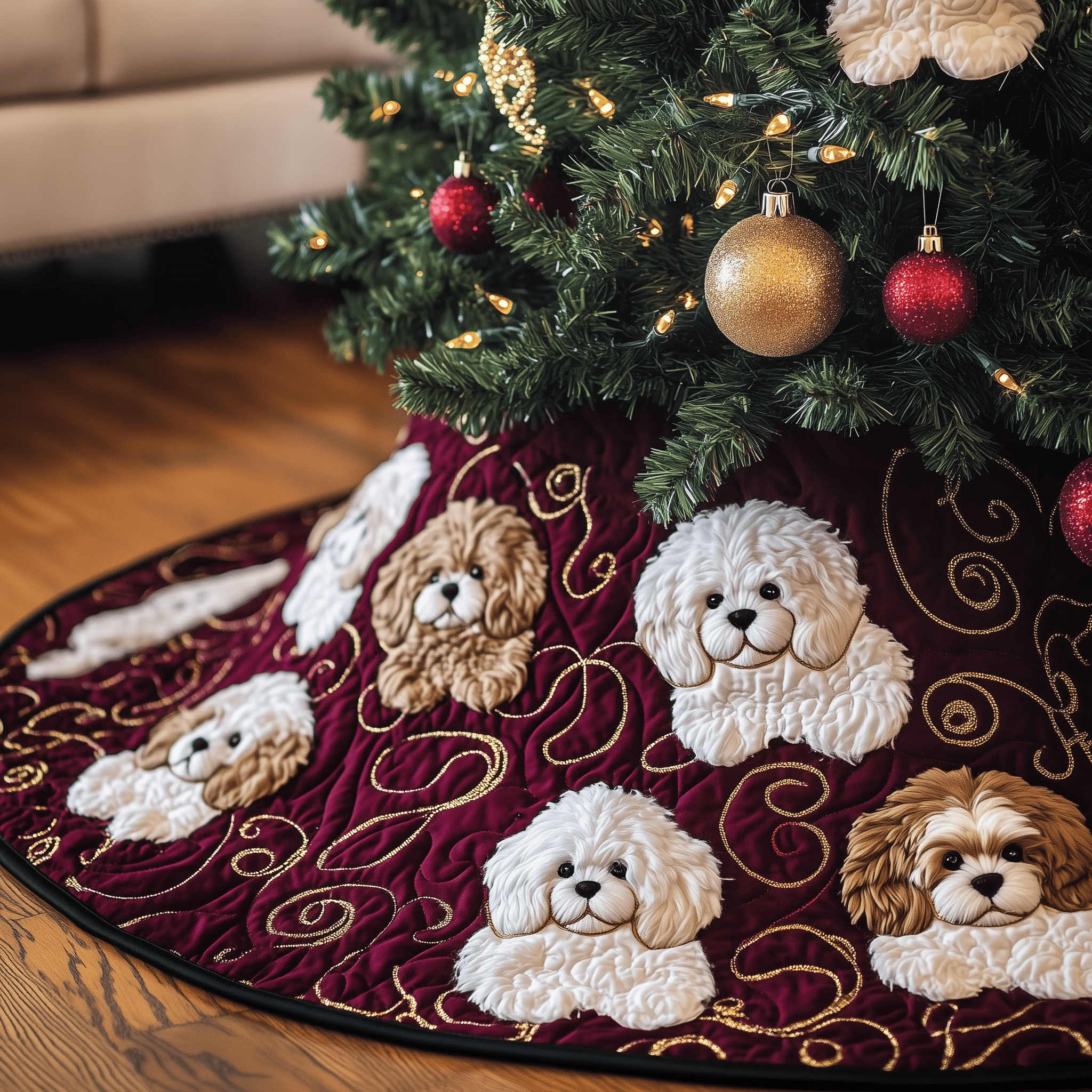Christmas Bichon Frise Quilted Tree Skirt Heartwarming Family Gathering Merch