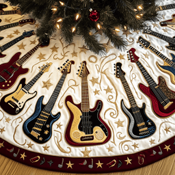 Cheerful Swirl Guitars Quilted Tree Skirt Cozy Home Decor Gift Merch