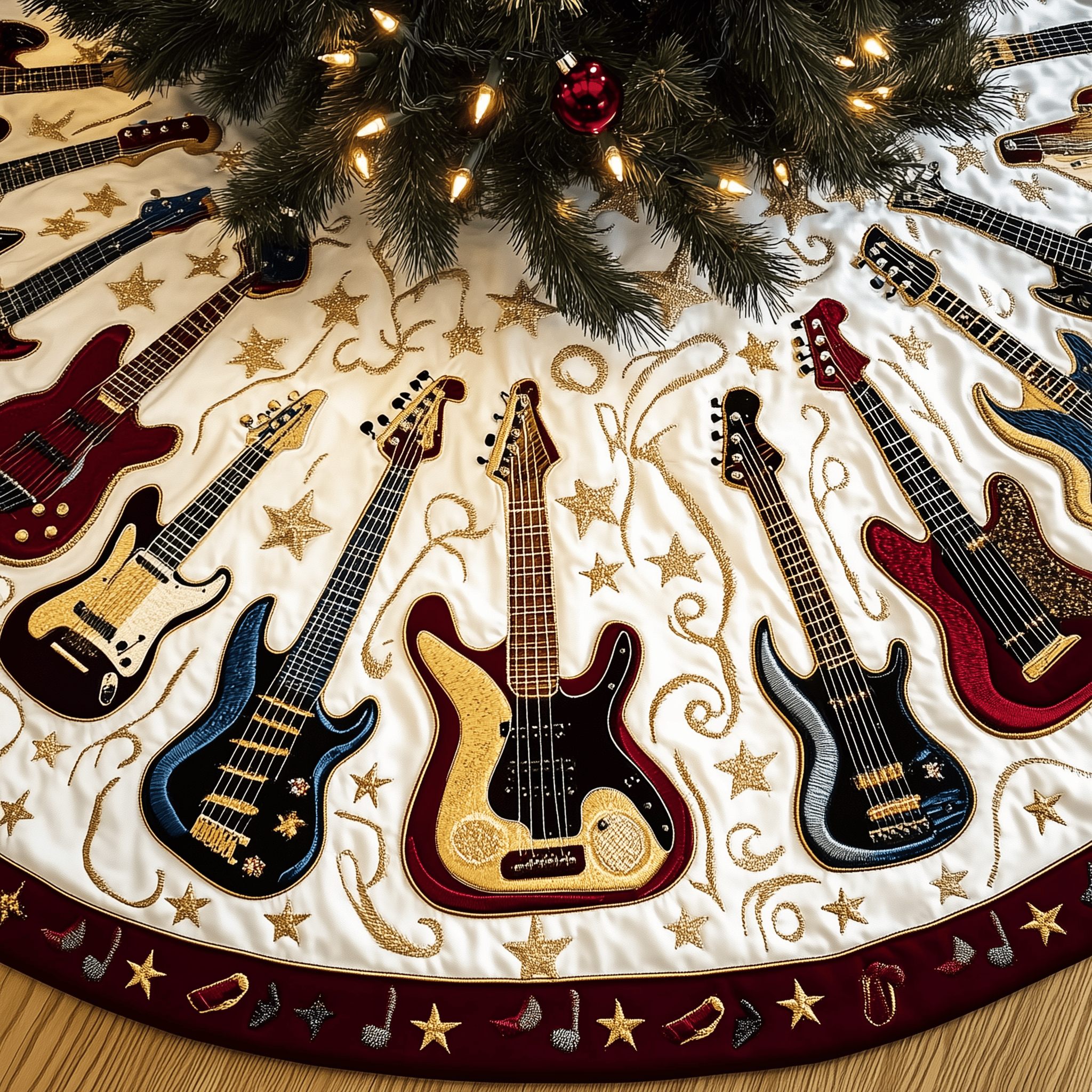 Cheerful Swirl Guitars Quilted Tree Skirt Cozy Home Decor Gift Merch