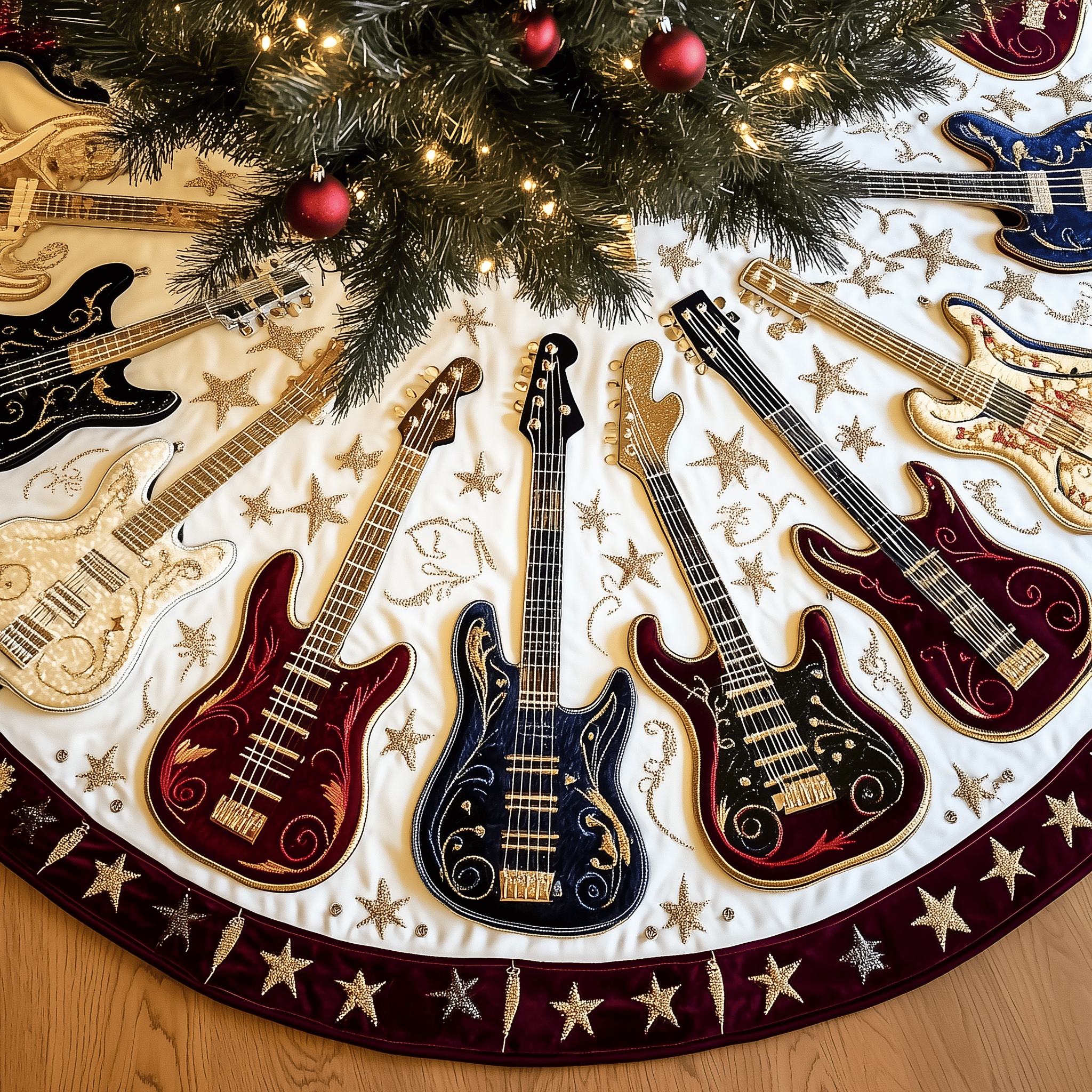 Cheerful Swirl Guitars Quilted Tree Skirt Lovely Gift Merch For Couples
