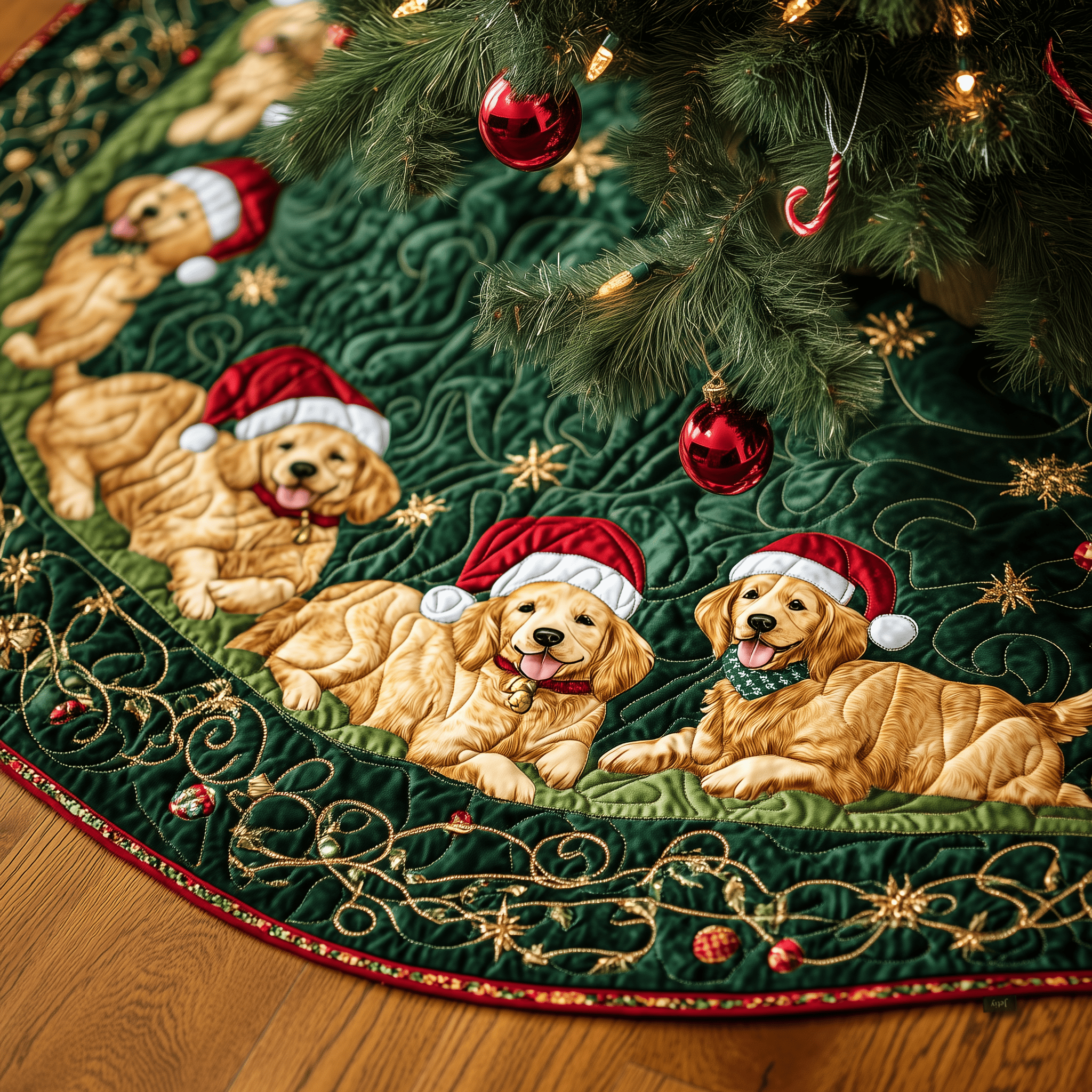 Christmas Golden Retriever Quilted Tree Skirt Charming Thanksgiving Gift Merch