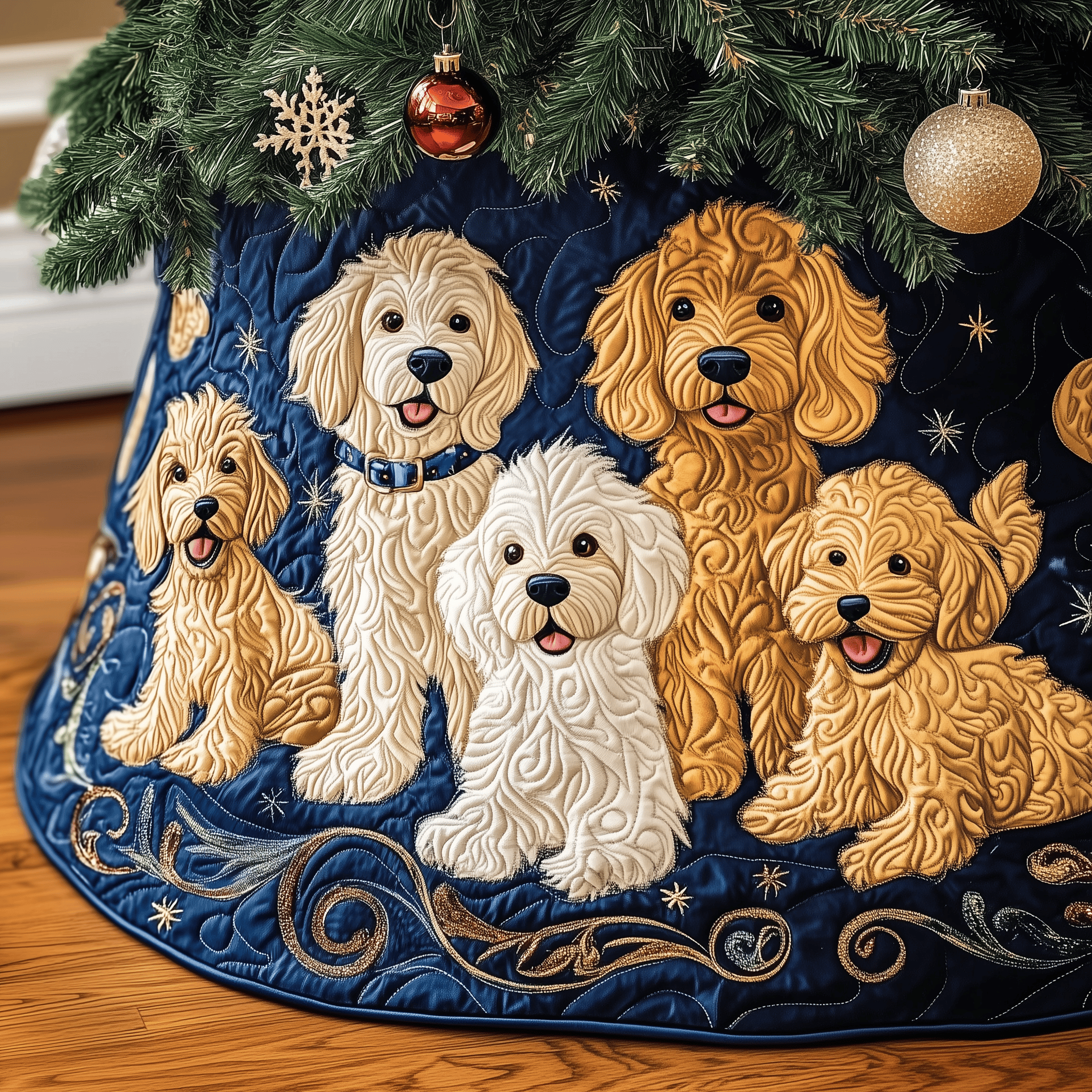 Christmas Joyful Doodle Quilted Tree Skirt Heartwarming Family Gathering Merch