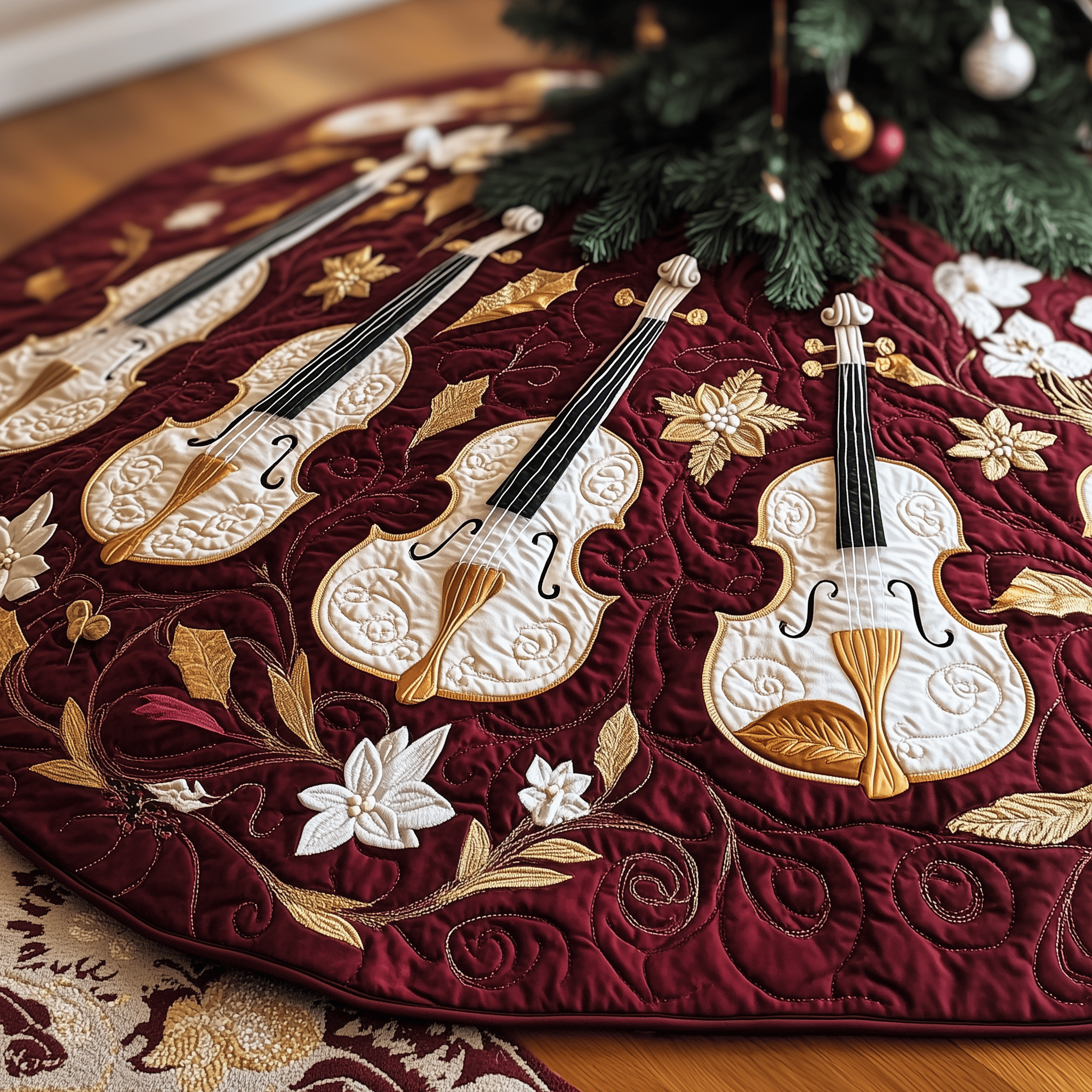 Christmas Elegant Violin Quilted Tree Skirt Special Birthday Gift Merch