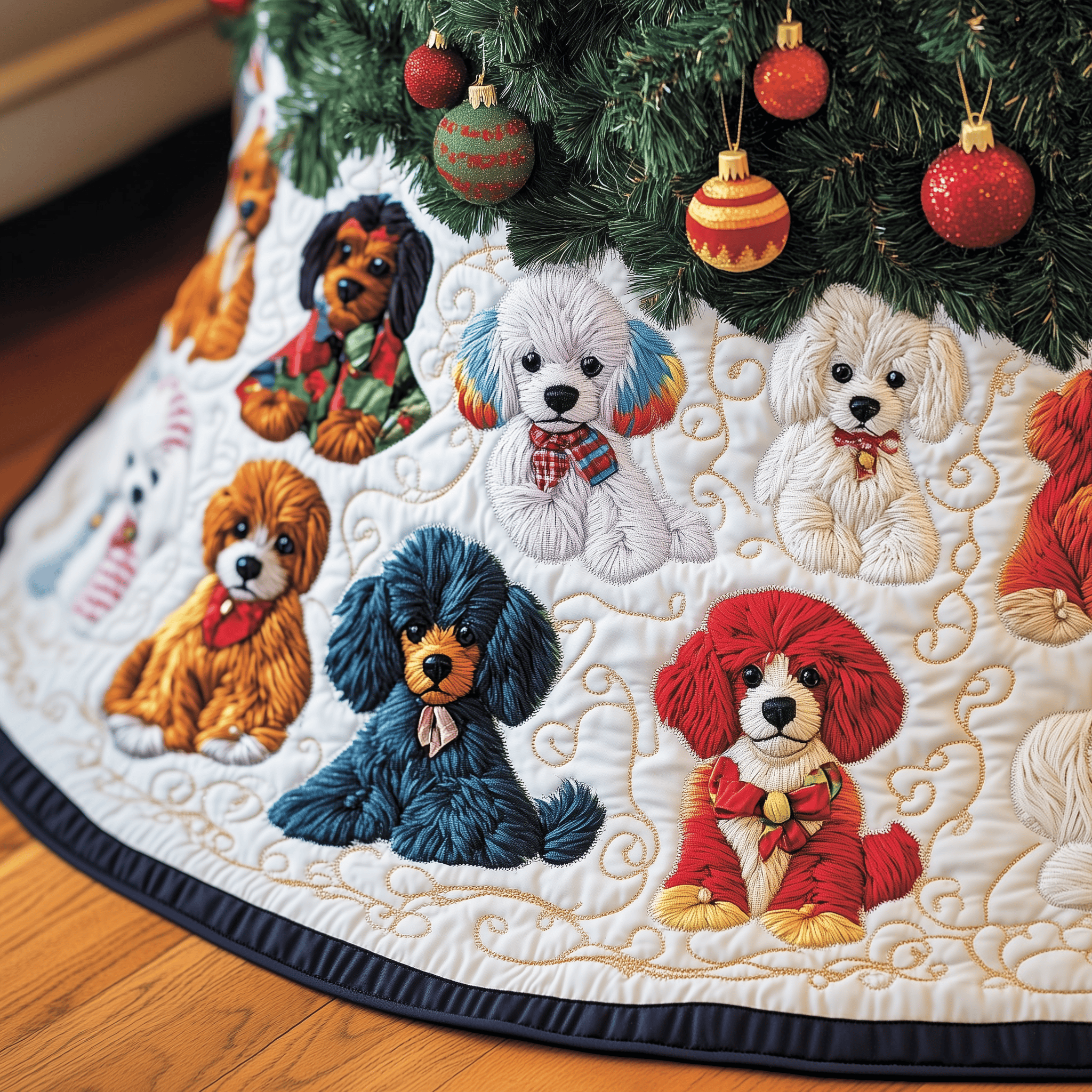 Christmas Colorful Poodle Quilted Tree Skirt Special Birthday Gift Merch