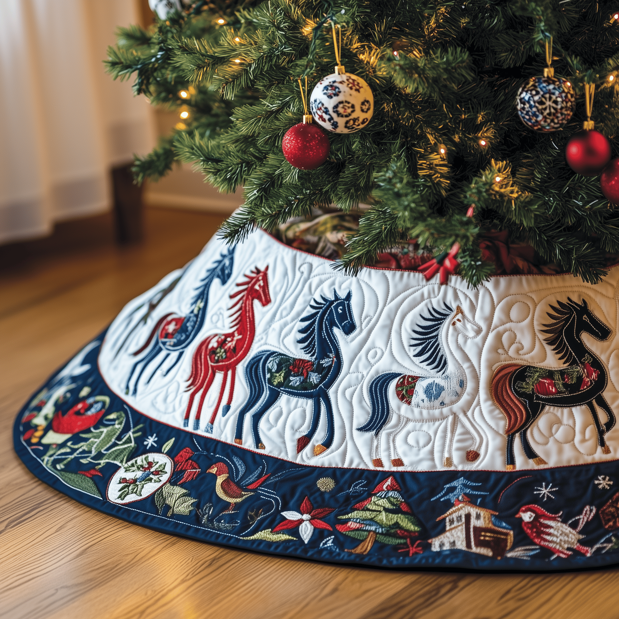 Christmas Horse Quilted Tree Skirt Perfect Gift Merch For Her