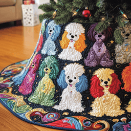 Christmas Colorful Poodle Quilted Tree Skirt Joyful Holiday Season Gift Merch