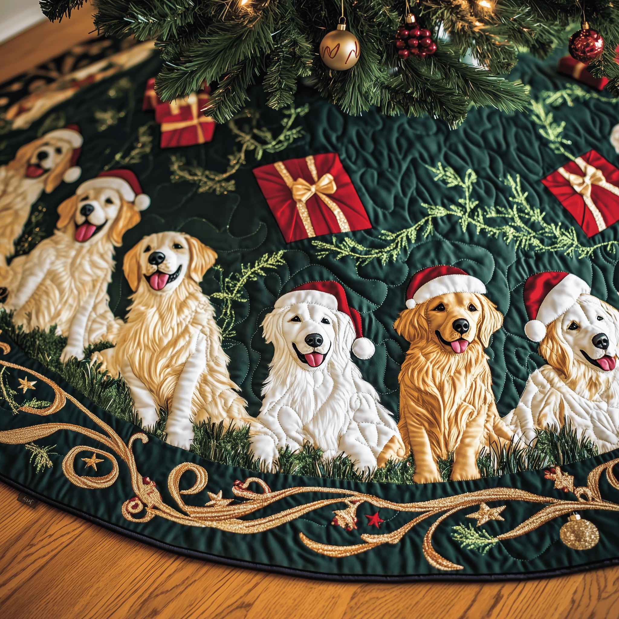 Christmas Golden Retriever Quilted Tree Skirt Adorable Easter Gift Merch