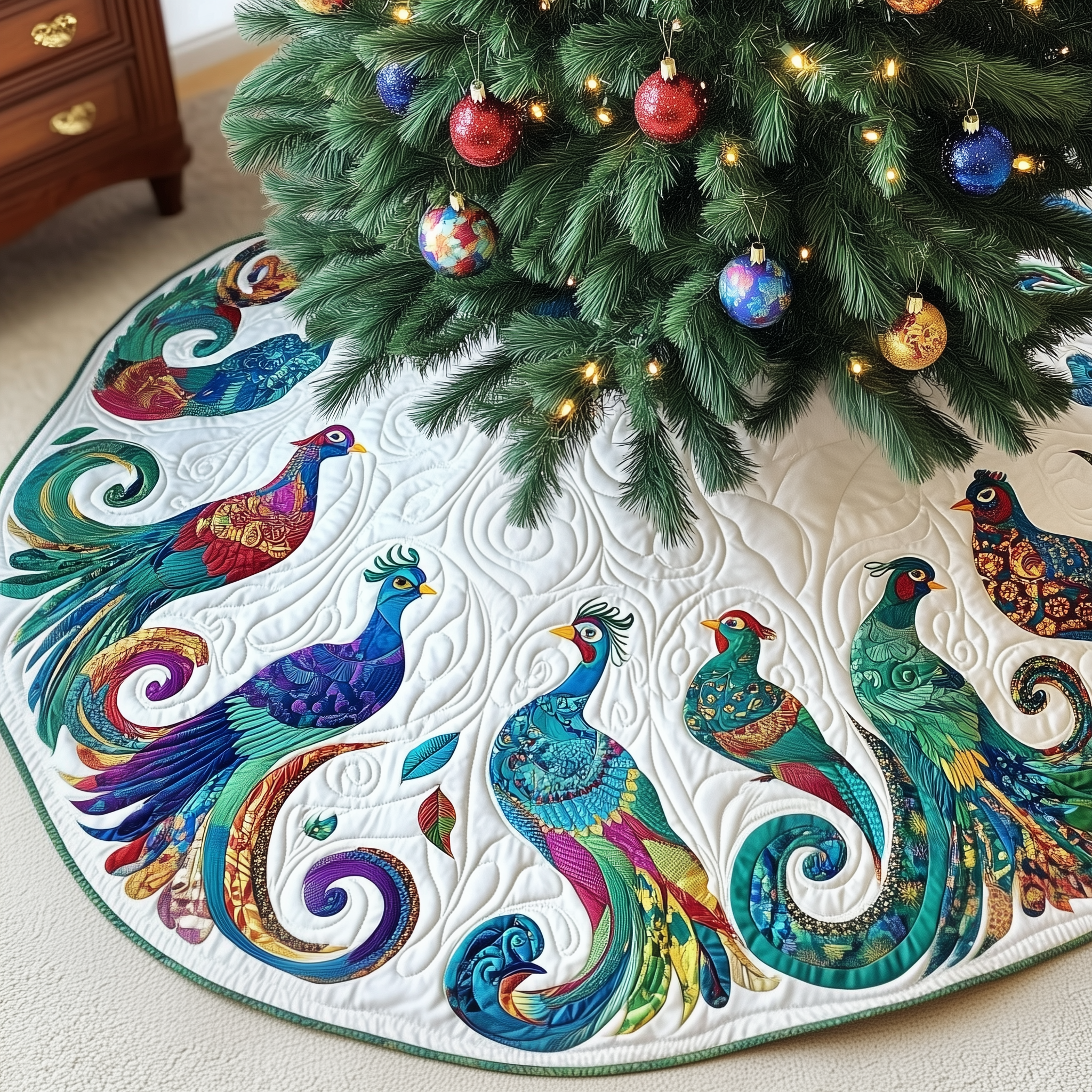 Christmas Peacock Quilted Tree Skirt Heartfelt Gift Merch For Mom