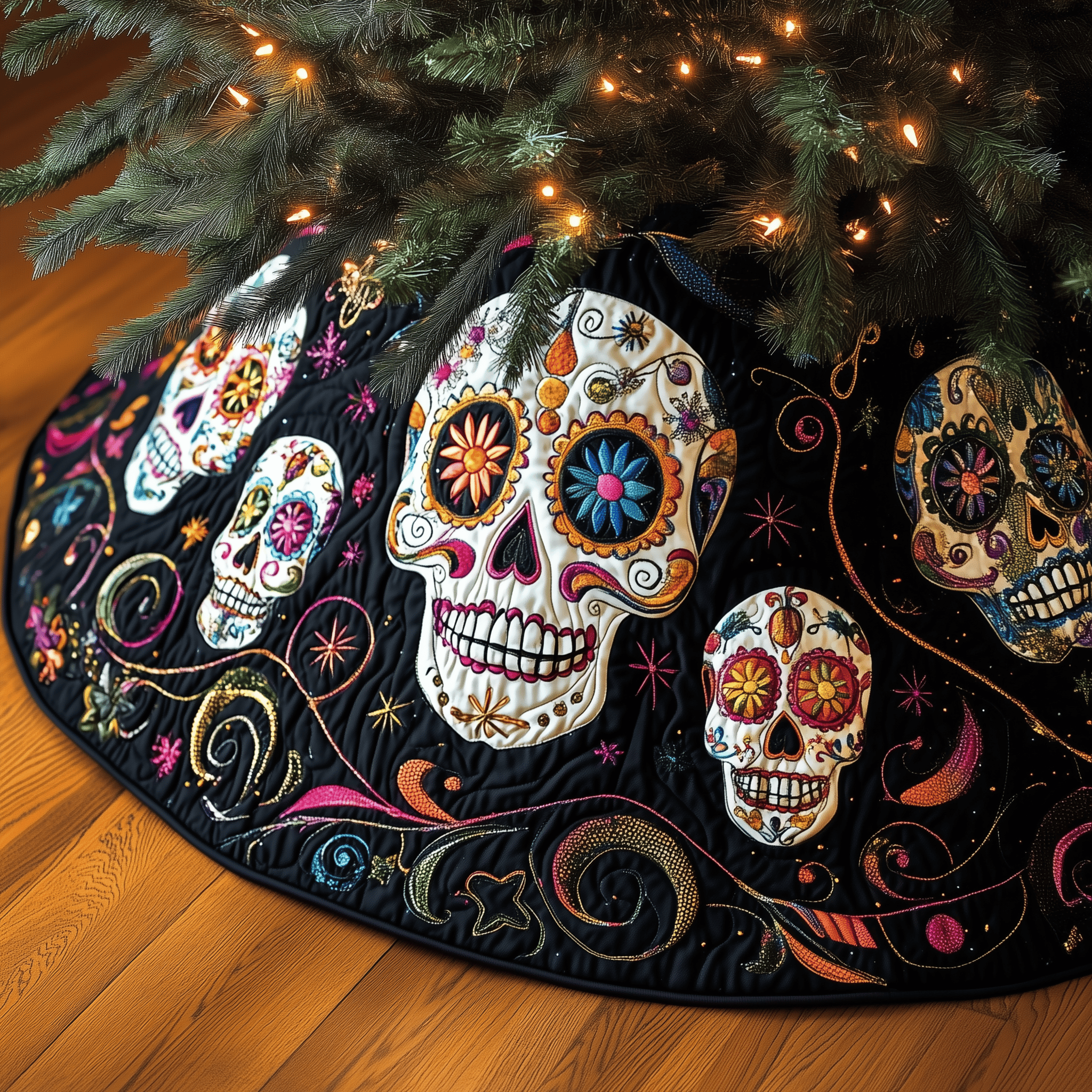 Christmas Mexico Skull Quilted Tree Skirt Elegant Christmas Tree Decor Merch