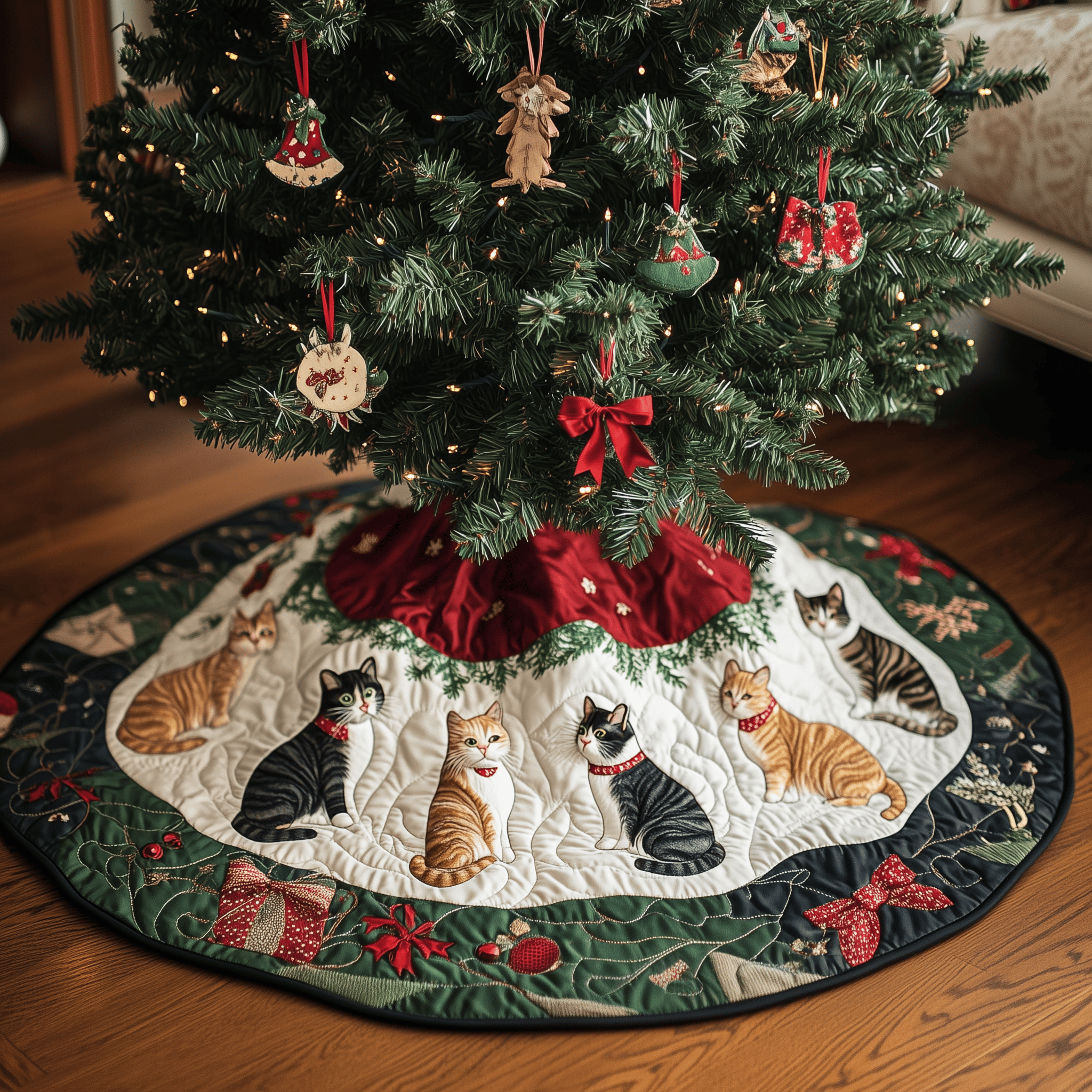Christmas Cat Quilted Tree Skirt Winter Merch Essentials