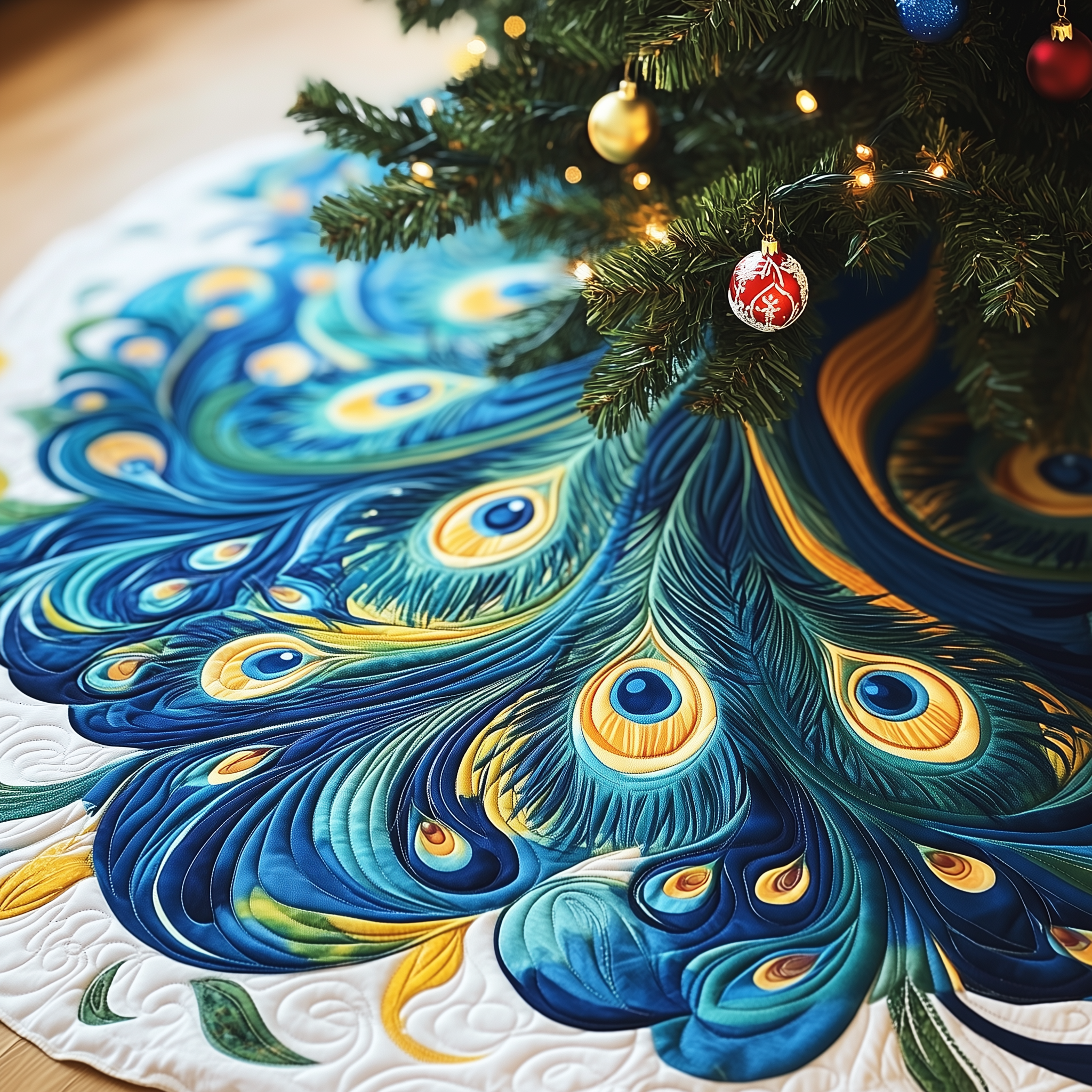 Christmas Peacock Quilted Tree Skirt Joyful Holiday Season Gift Merch