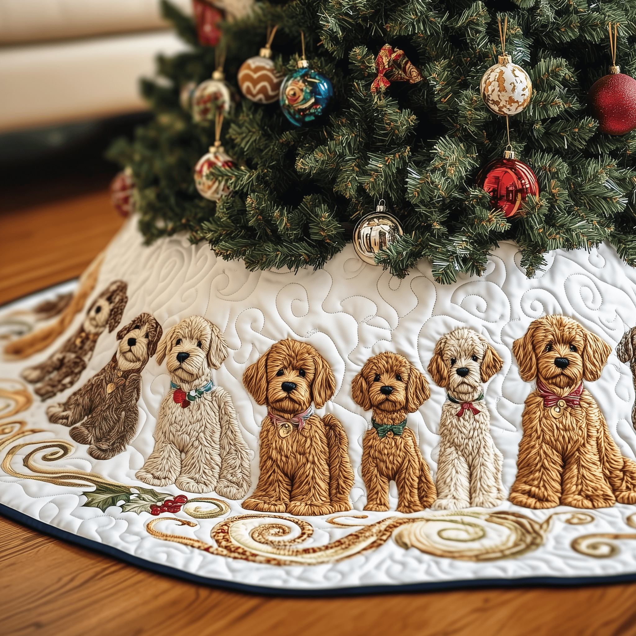 Christmas Goldendoodle Quilted Tree Skirt Cozy Home Decor Gift Merch