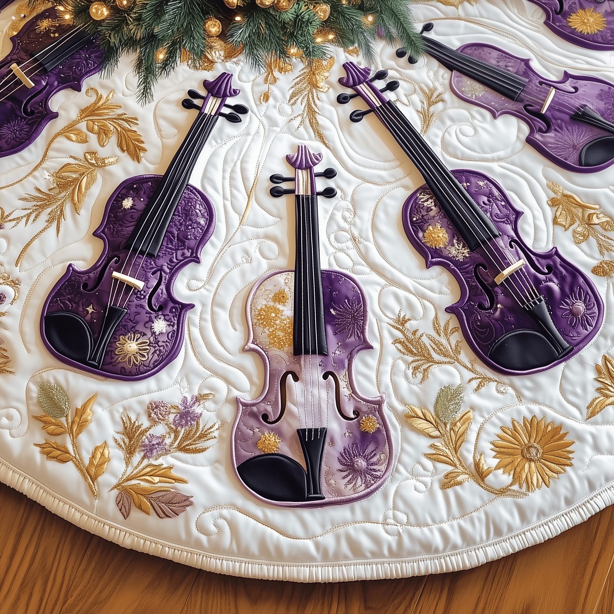 Christmas Elegant Violin Quilted Tree Skirt Heartfelt Gift Merch For Mom