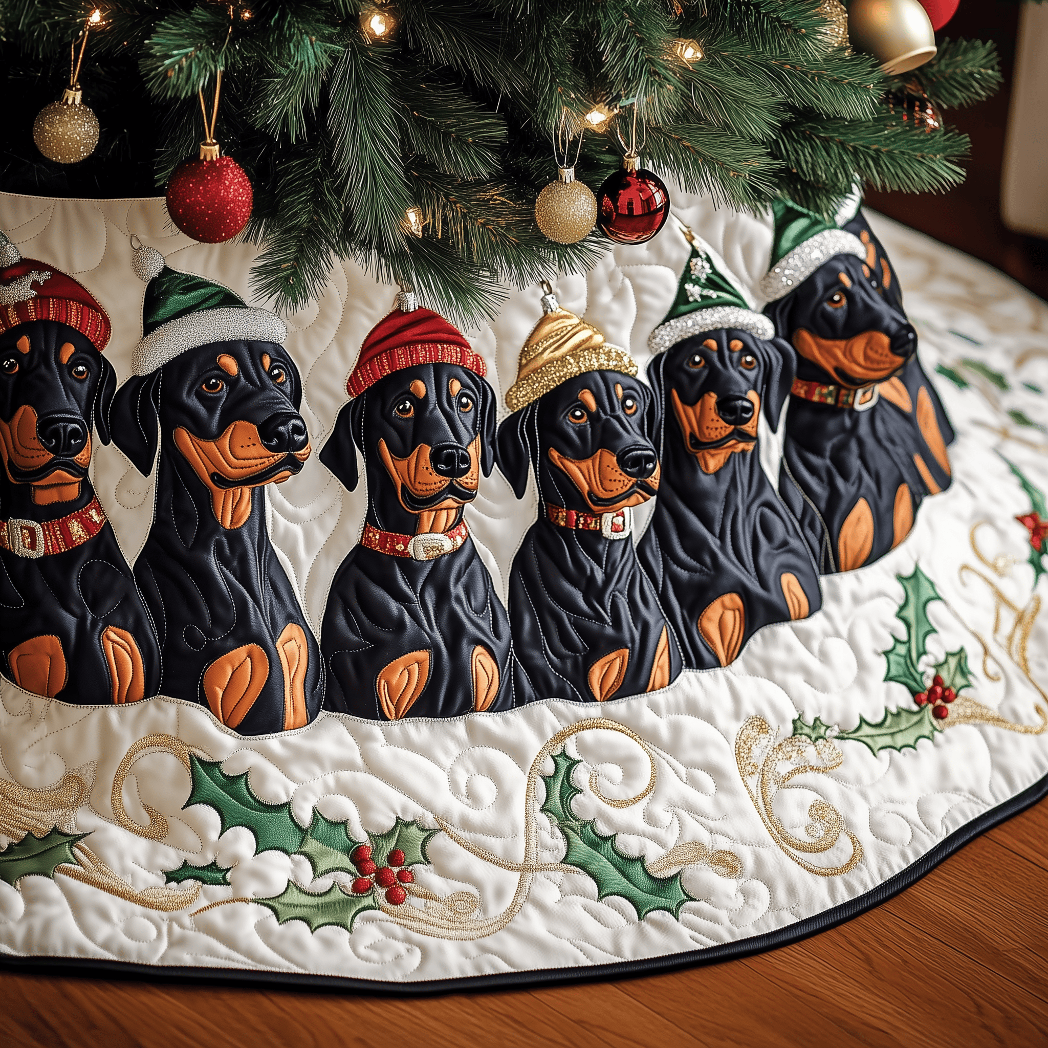 Christmas Doberman Quilted Tree Skirt Cozy Tree Skirt For Holiday Decor