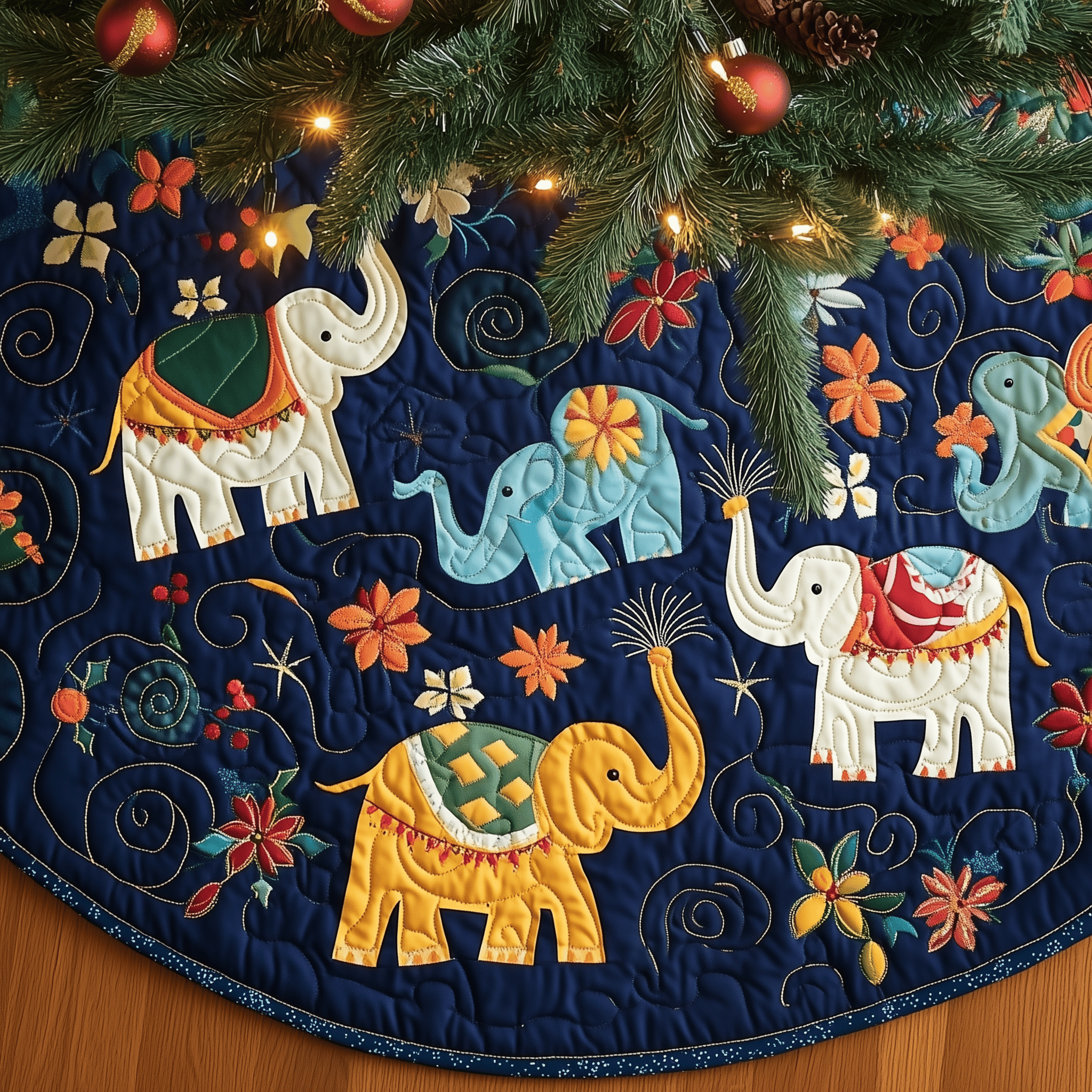 Christmas Elephant Quilted Tree Skirt Charming Holiday Home Merch