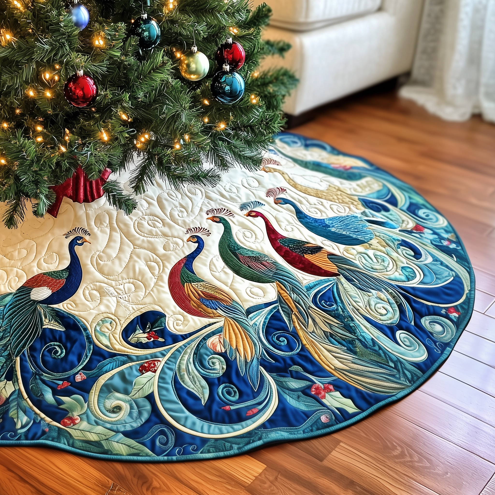 Christmas Peacock Quilted Tree Skirt Cozy Home Decor Gift Merch