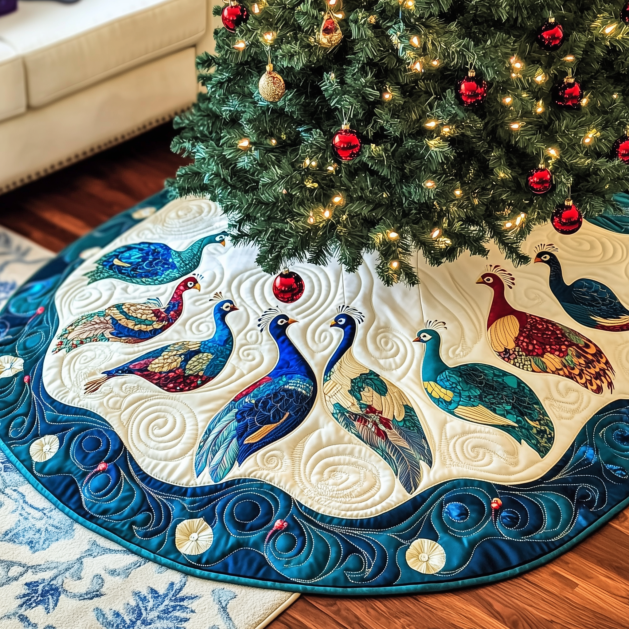 Christmas Peacock Quilted Tree Skirt Festive Living Room Merch