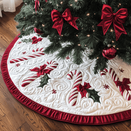 Christmas Candy Canes Quilted Tree Skirt Halloween Merch Gift