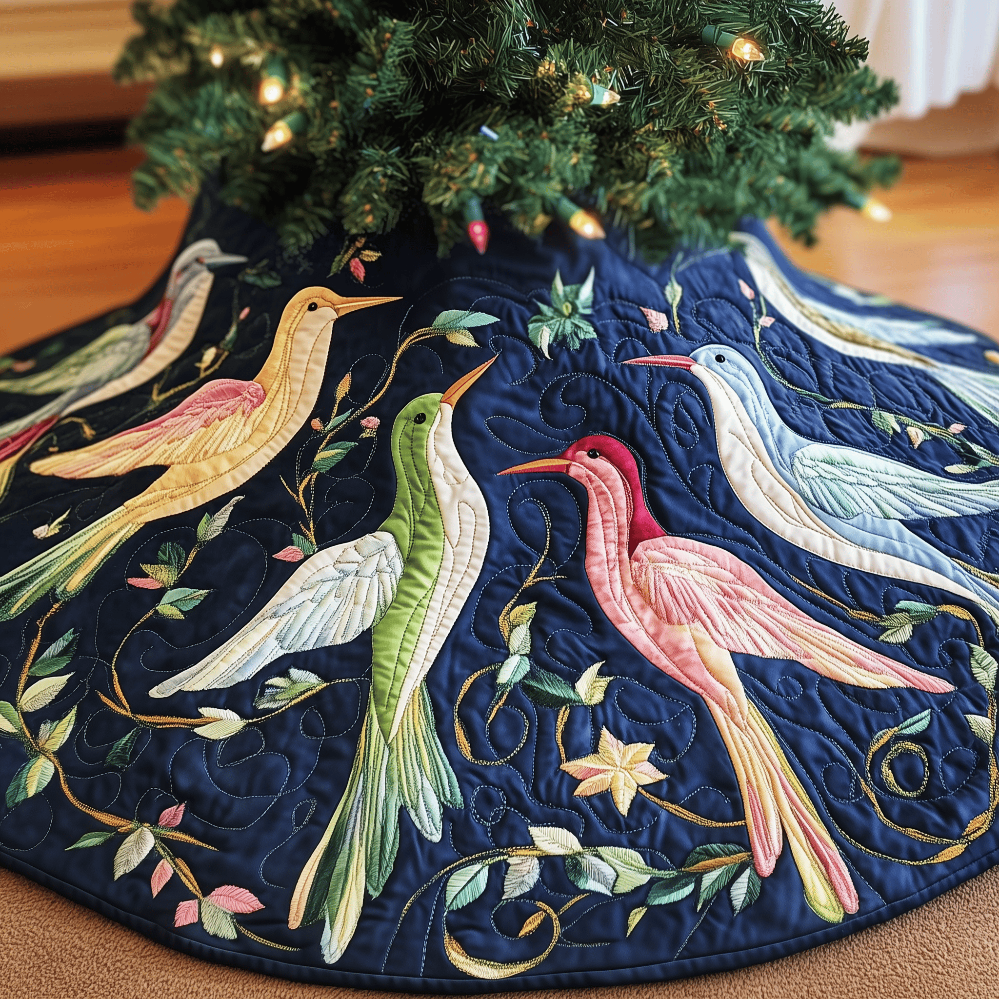Christmas Humming Bird Quilted Tree Skirt Festive Living Room Merch