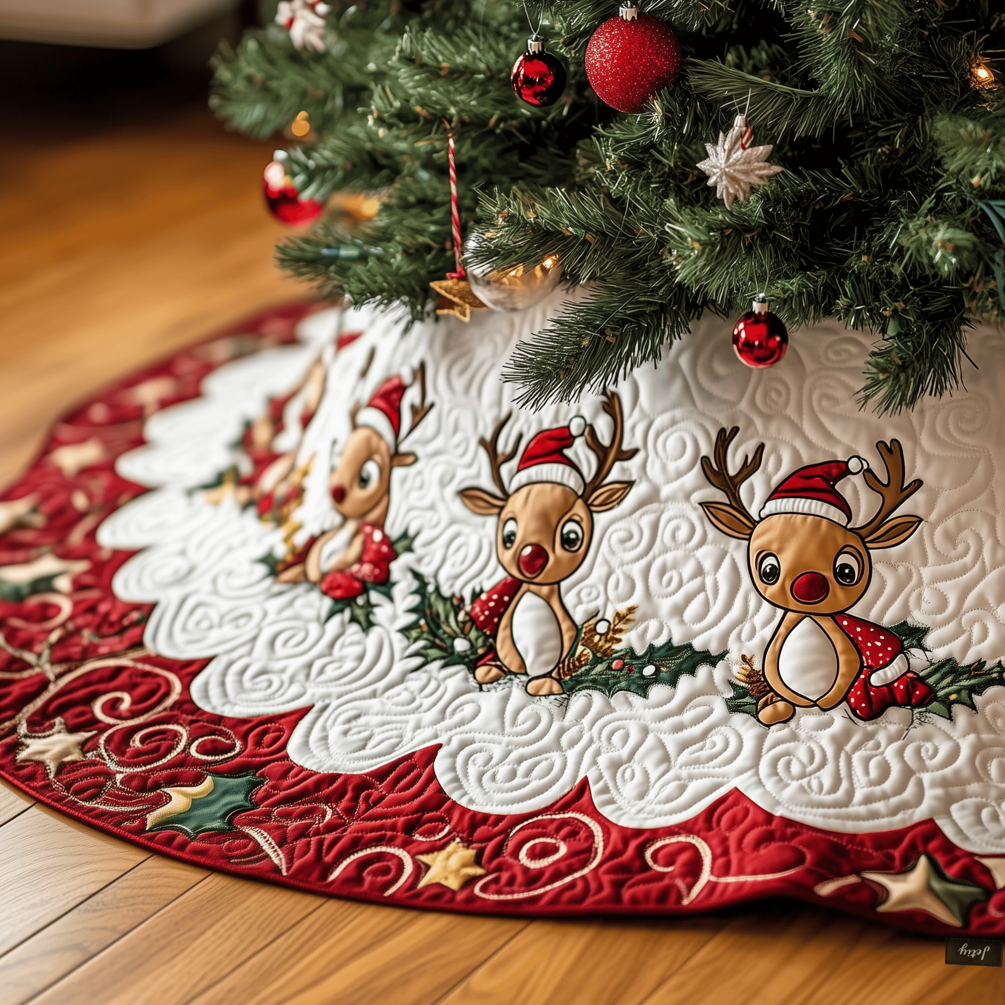 Christmas Reindeer Quilted Tree Skirt Thoughtful Gift Merch For Dad