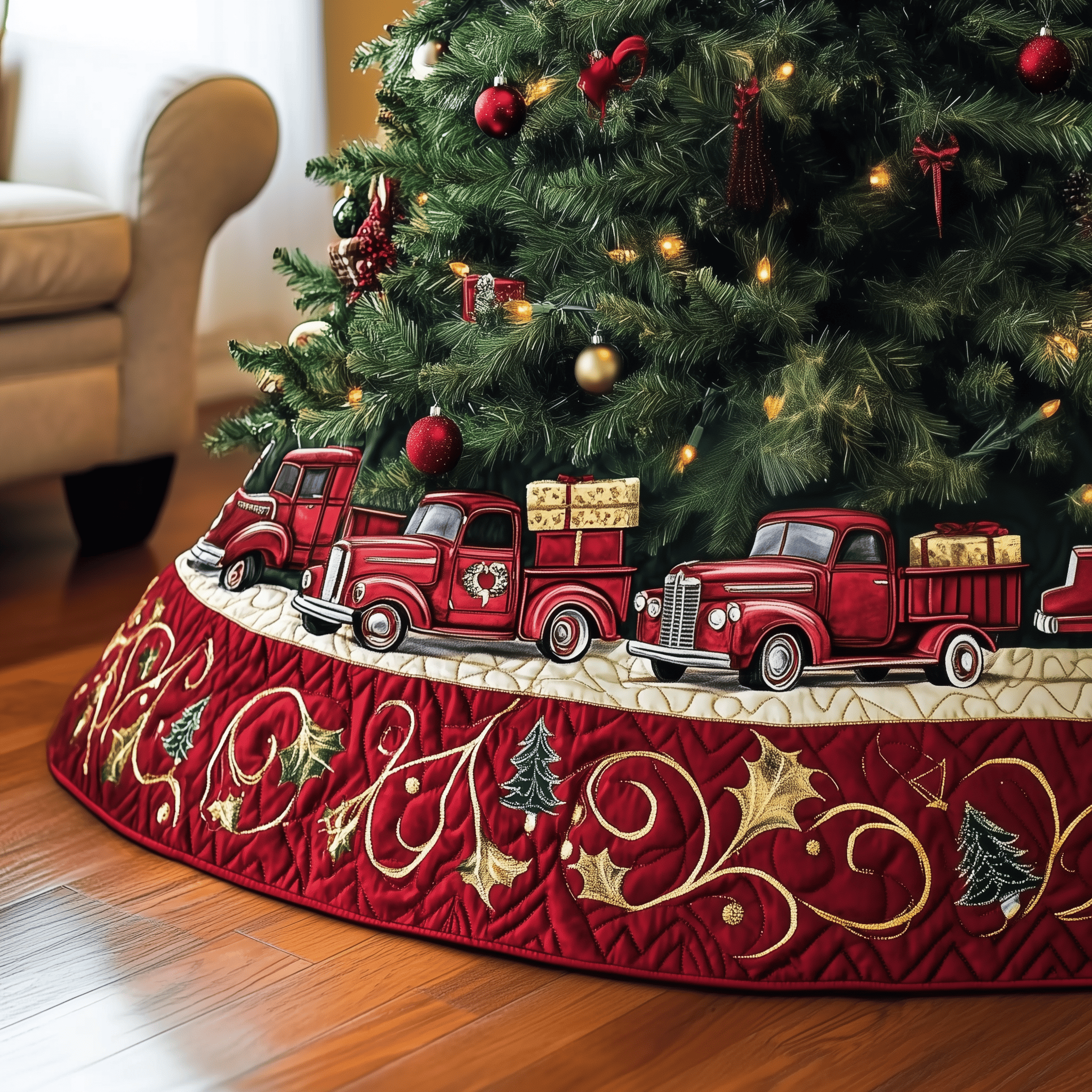 Christmas Red Truck Quilted Tree Skirt Perfect Gift Merch For Her