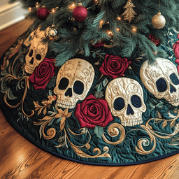 Christmas Red Rose Skull Quilted Tree Skirt Special Birthday Gift Merch