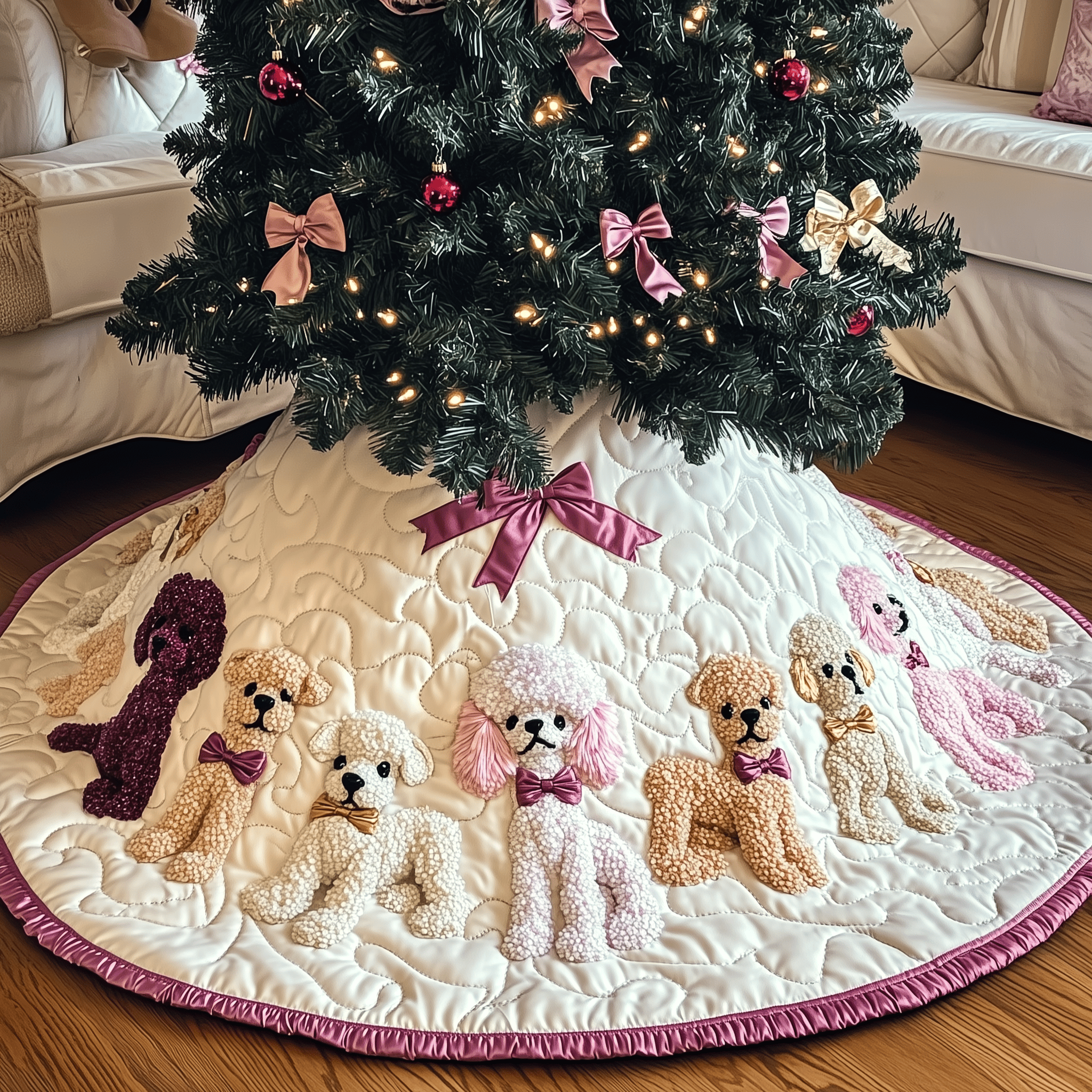 Christmas Poodle Quilted Tree Skirt Cozy Home Decor Gift Merch
