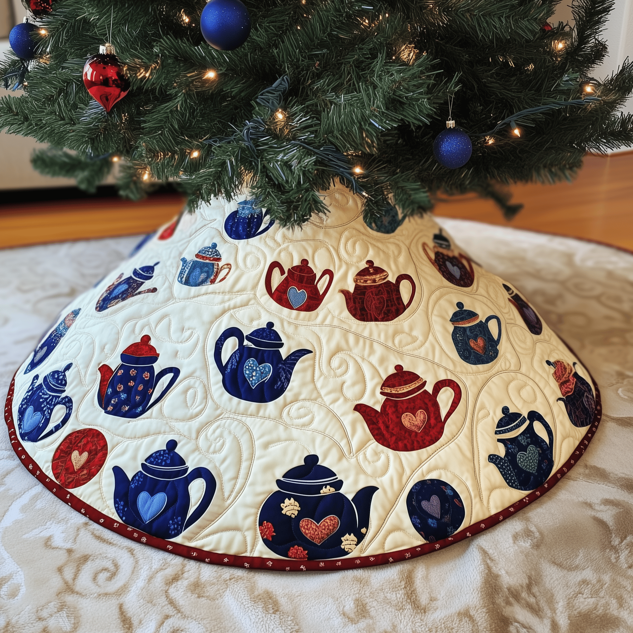 Christmas Teapot Quilted Tree Skirt Charming Holiday Home Merch