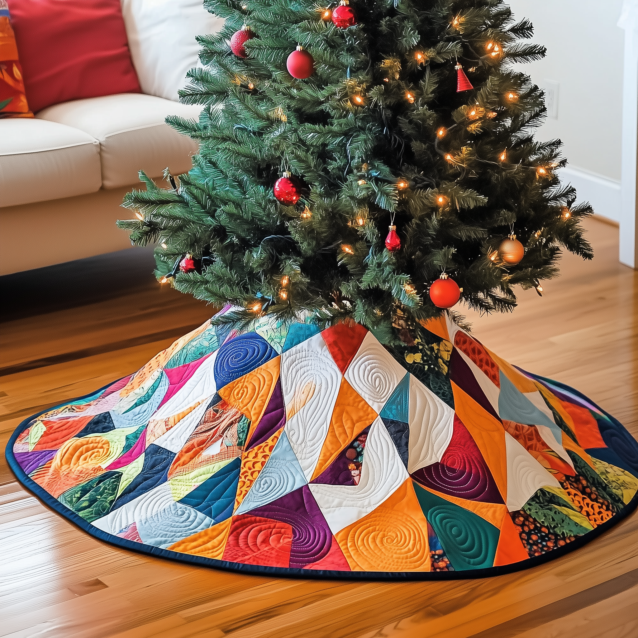 Classic Colorful Patchwork Quilted Tree Skirt Warm Gift Merch For Family