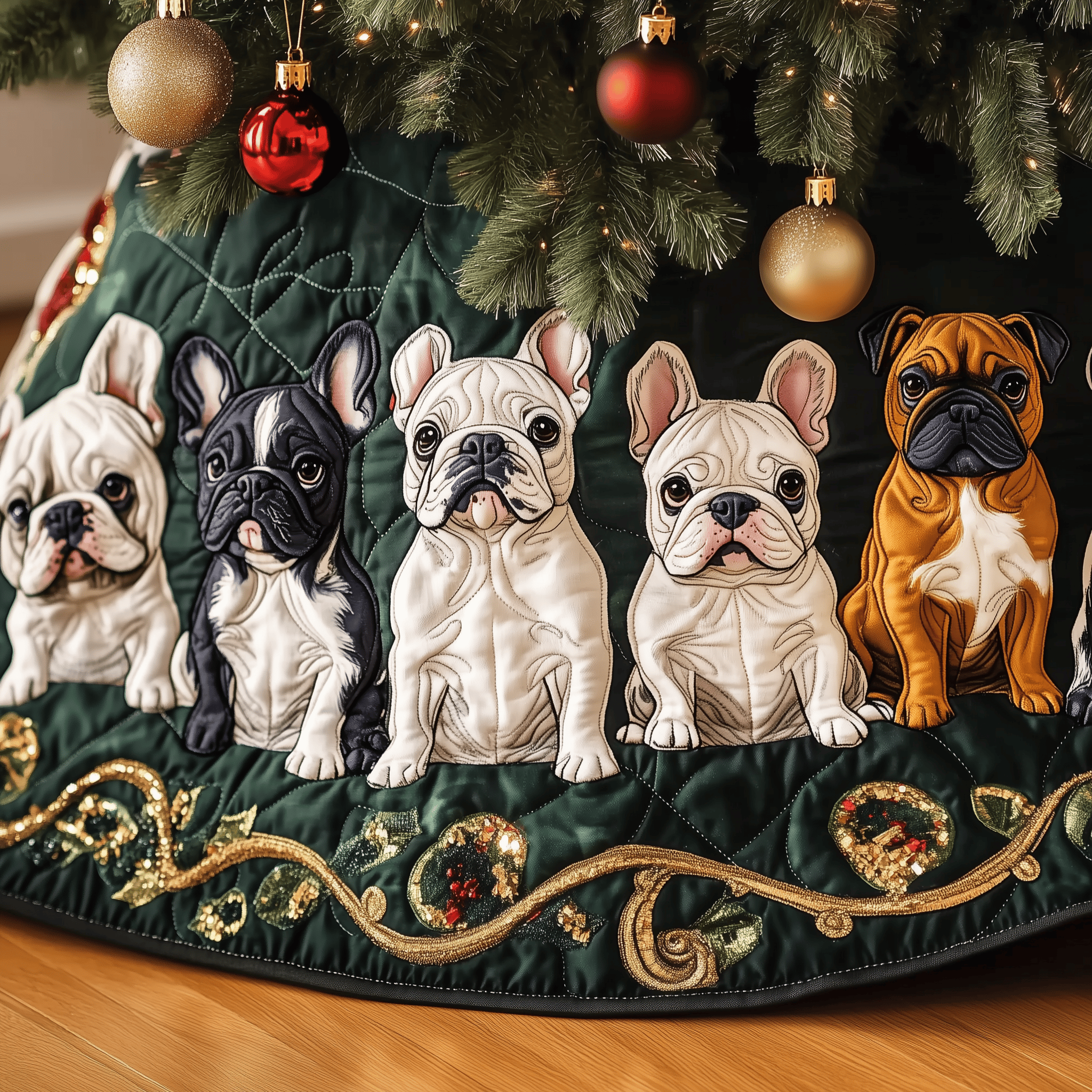 Festive Bulldog Quilted Tree Skirt Beautiful Christmas Home Merch