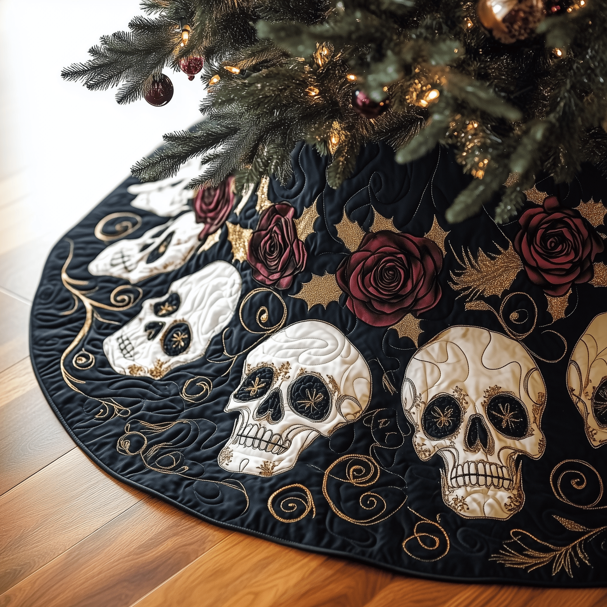 Christmas Red Rose Skull Quilted Tree Skirt Heartwarming Father�s Day Gift Merch
