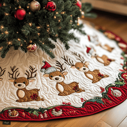 Christmas Reindeer Quilted Tree Skirt Lovely Gift Merch For Couples