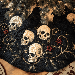 Christmas Skull And Black Crow Quilted Tree Skirt Warm Winter Home Merch