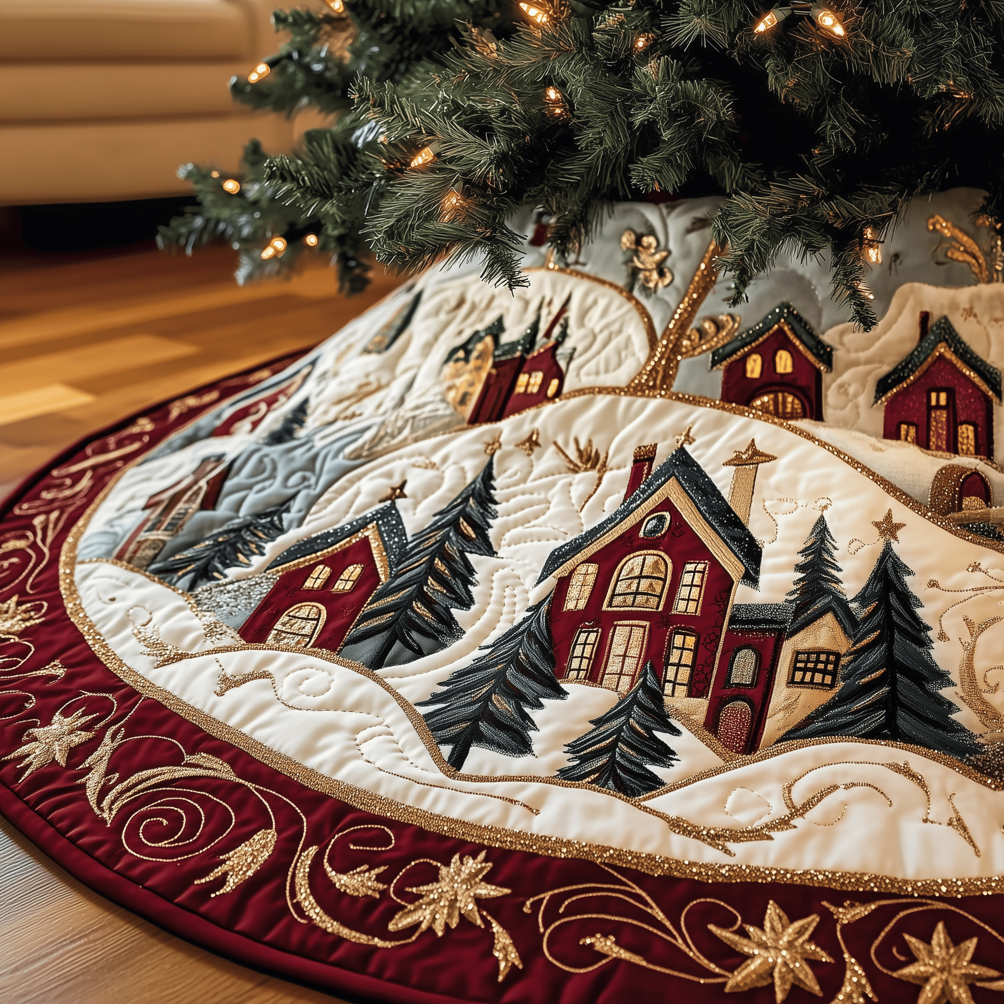 Christmas Village Quilted Tree Skirt Magical Christmas Spirit Merch