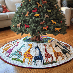 Colorful Giraffes Christmas Quilted Tree Skirt Adorable Easter Gift Merch