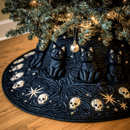 Christmas Skull And Black Cat Quilted Tree Skirt Cozy Home Decor Gift Merch