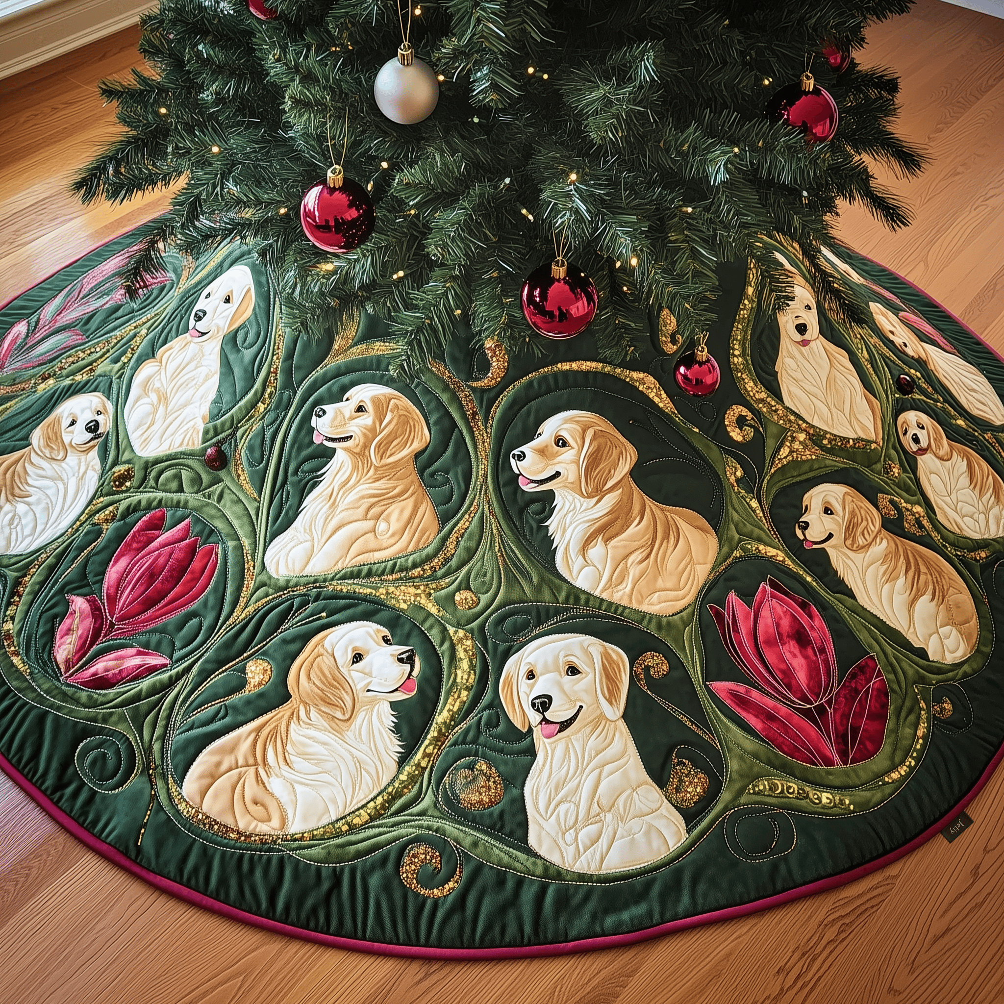 Christmas Tulip Golden Retriever Quilted Tree Skirt Cozy Home Decor Gift Merch