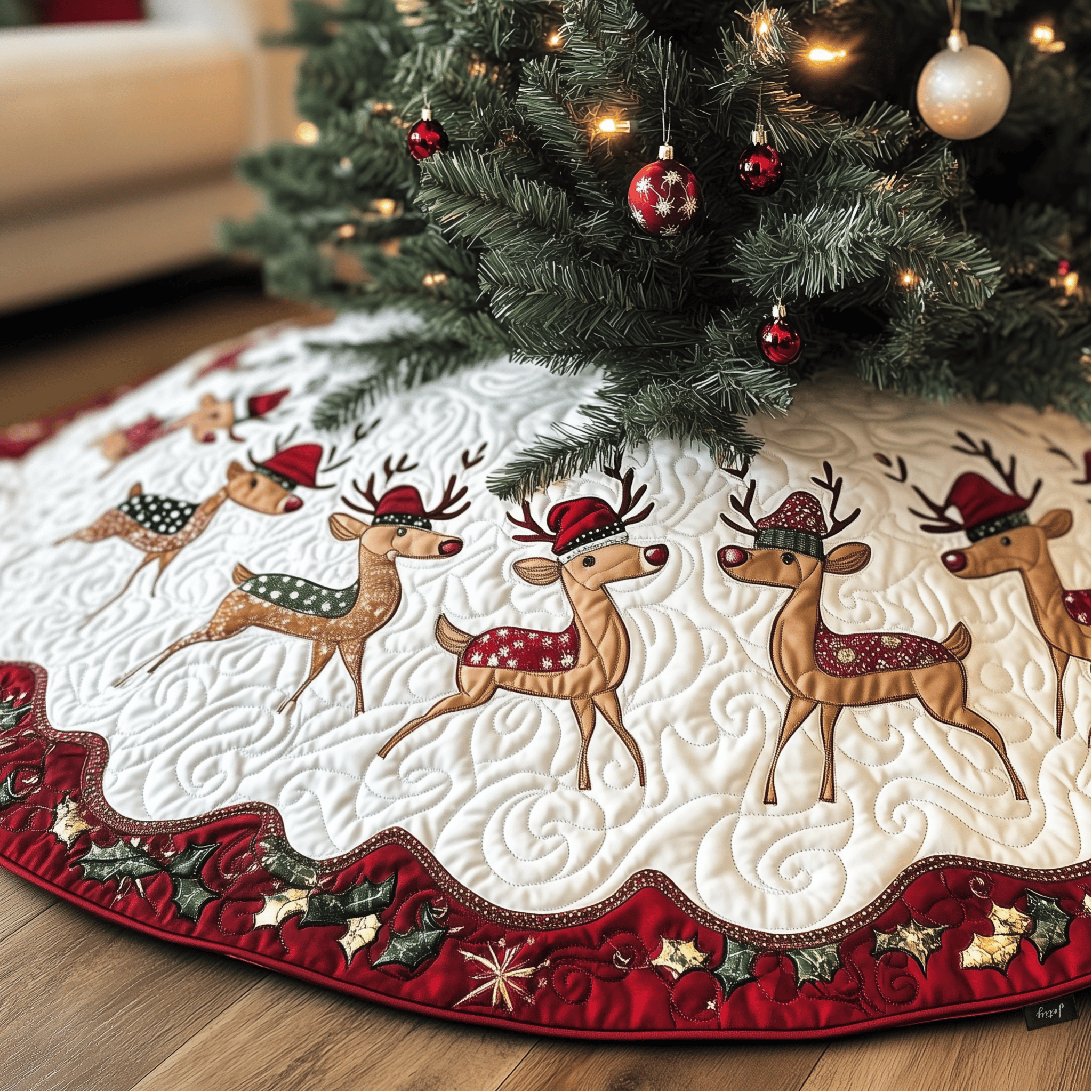 Christmas Reindeer Quilted Tree Skirt Unique Gift Merch For Friends