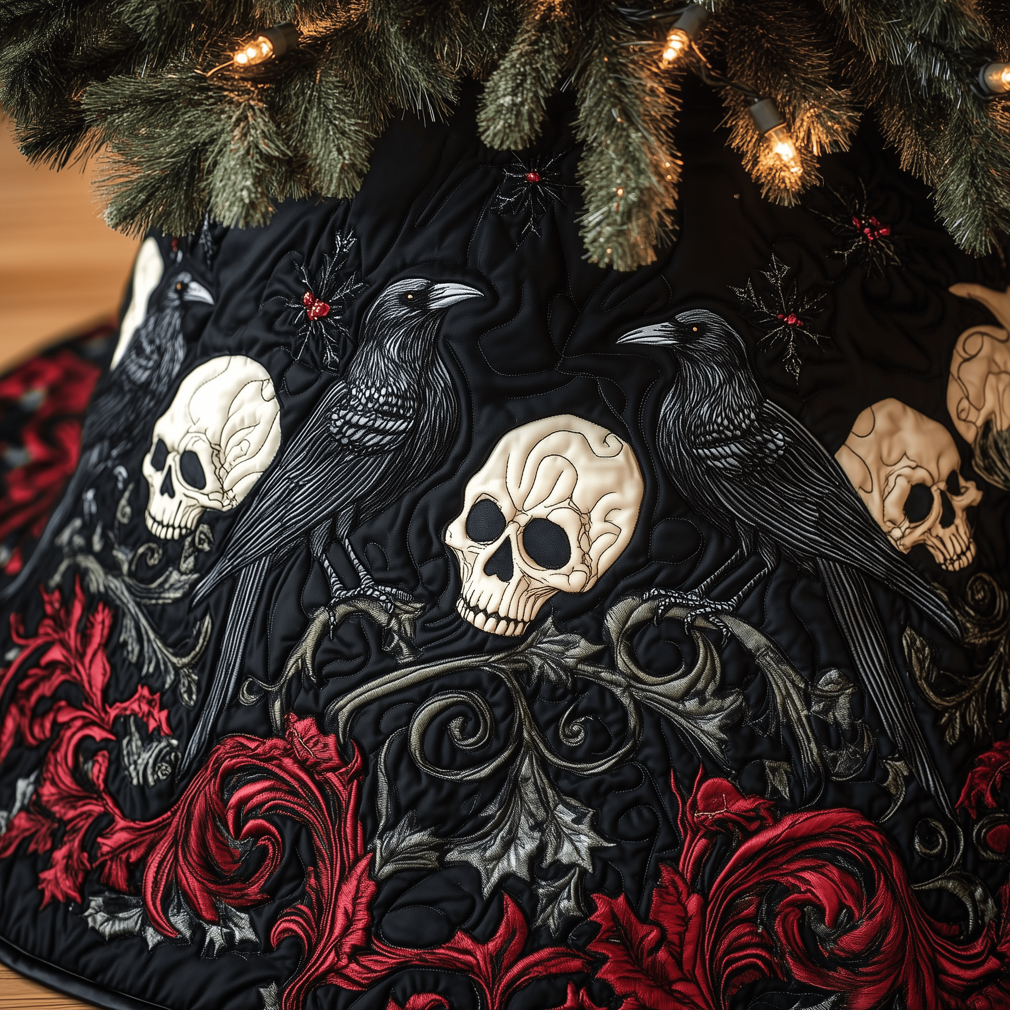 Christmas Skull And Black Crow Quilted Tree Skirt Heartwarming Family Gathering Merch